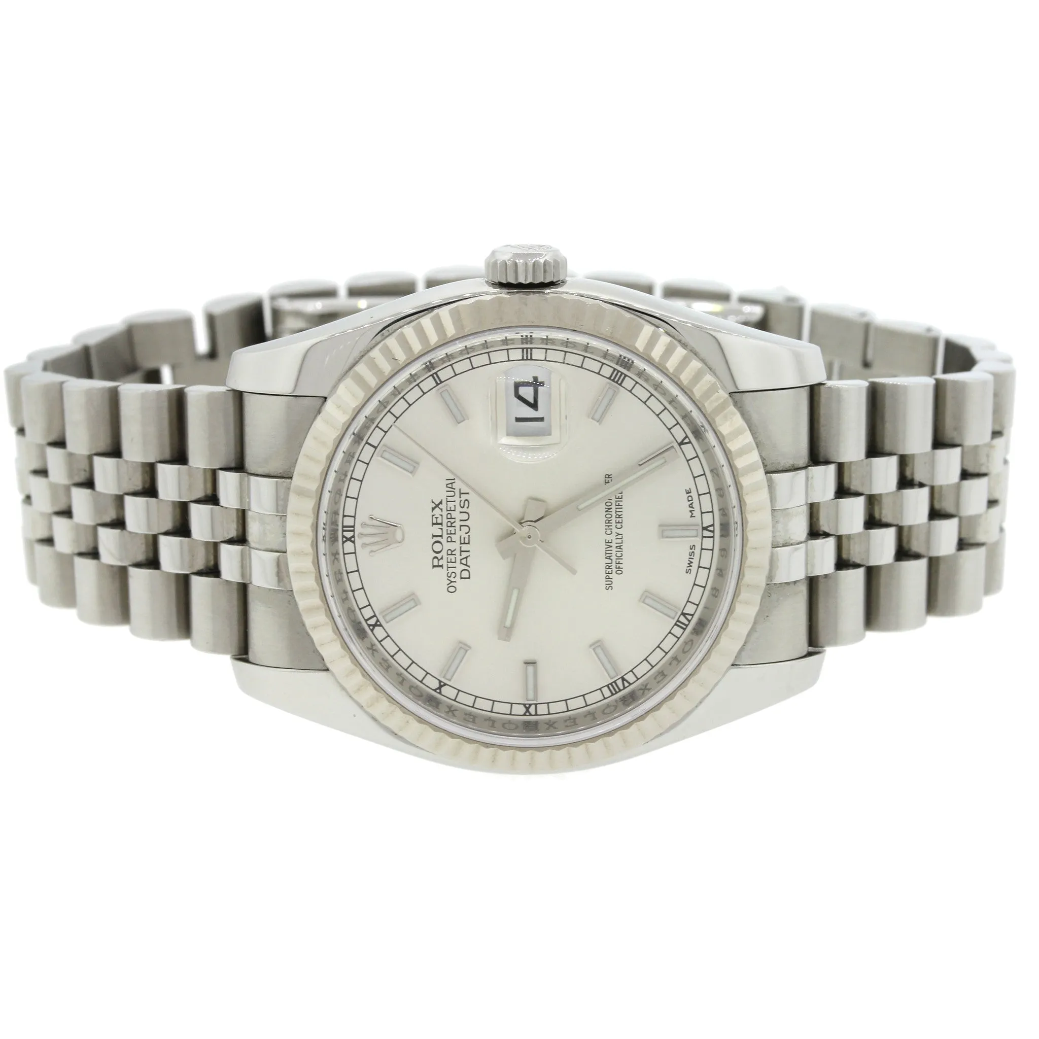 PAPERS Rolex DateJust Fluted White Gold Steel Jubilee 36mm Silver 116234 Watch