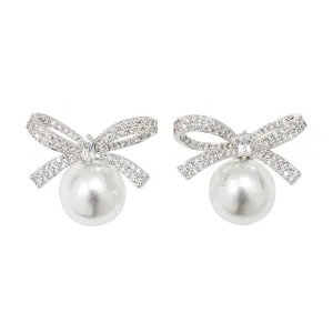 PAVÉ BOW PEARL STUD EARRINGS