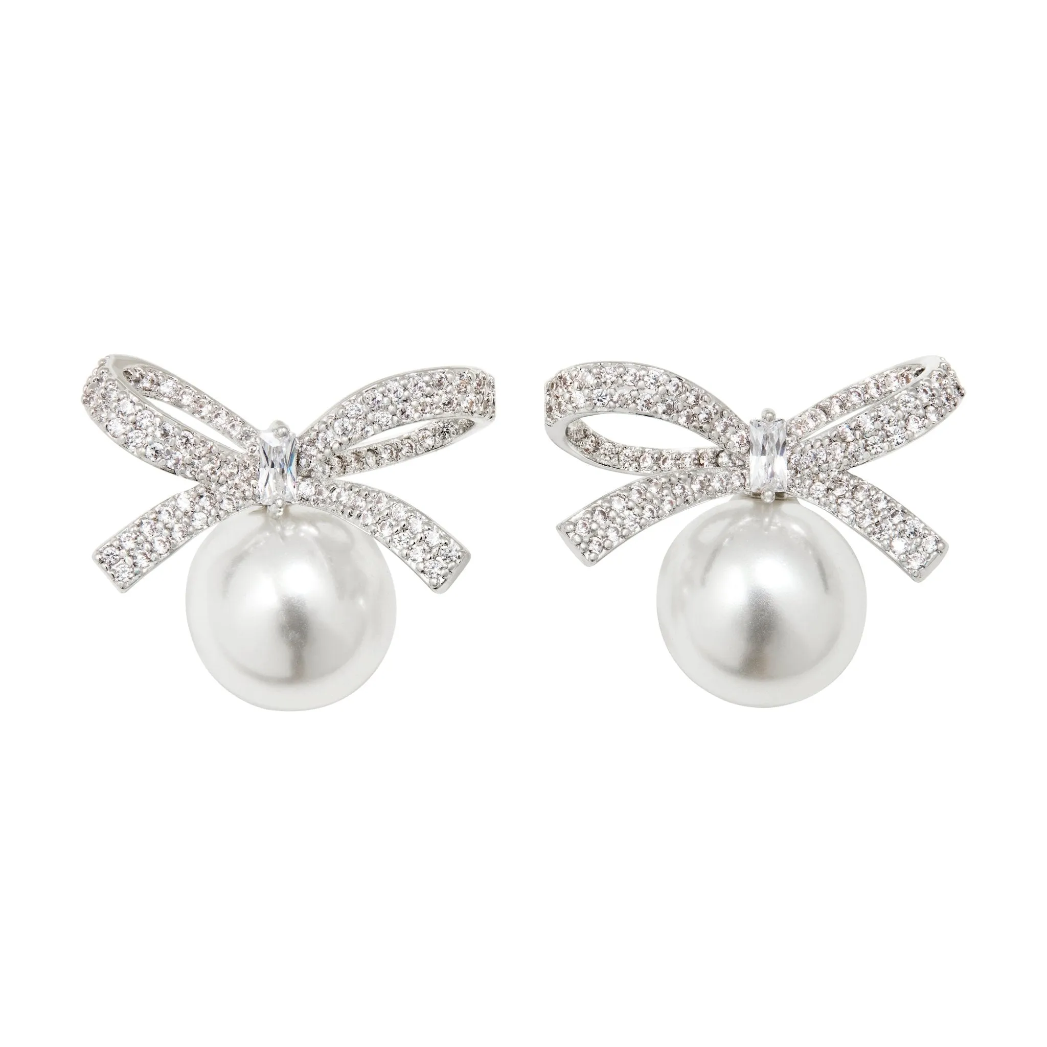 PAVÉ BOW PEARL STUD EARRINGS