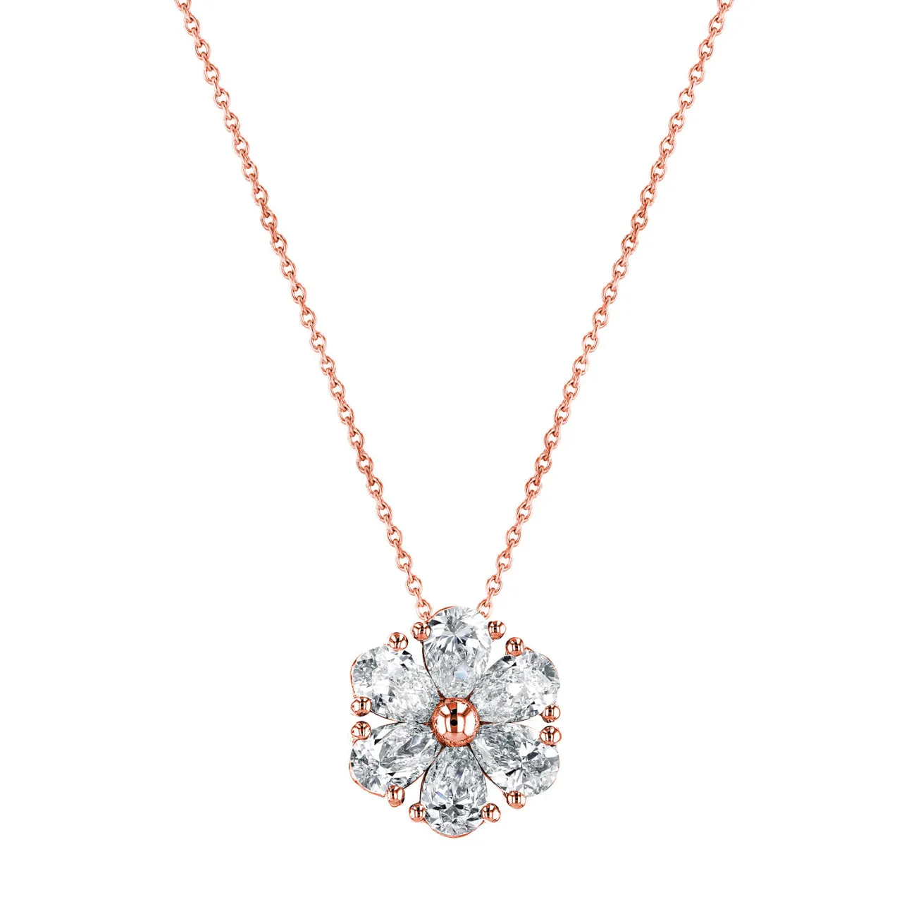 Pear Cut 18K Rose Gold 3.04 ct Diamond Flower Pendant Necklace