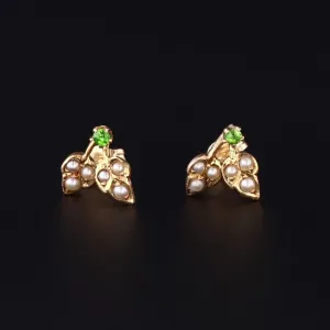 Pearl & Demantoid Garnet Flower Earrings | Antique Pin Conversion Earrings