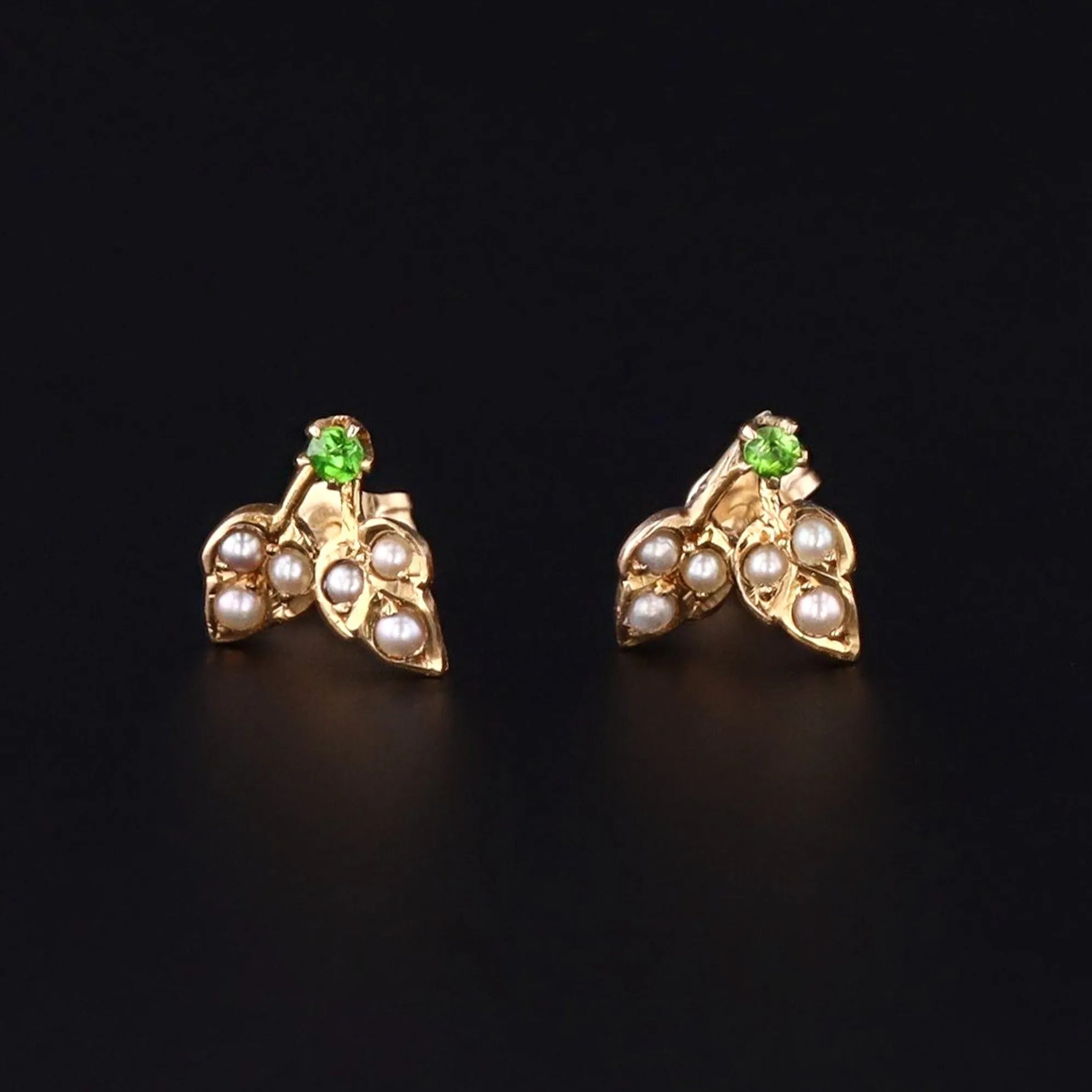 Pearl & Demantoid Garnet Flower Earrings | Antique Pin Conversion Earrings