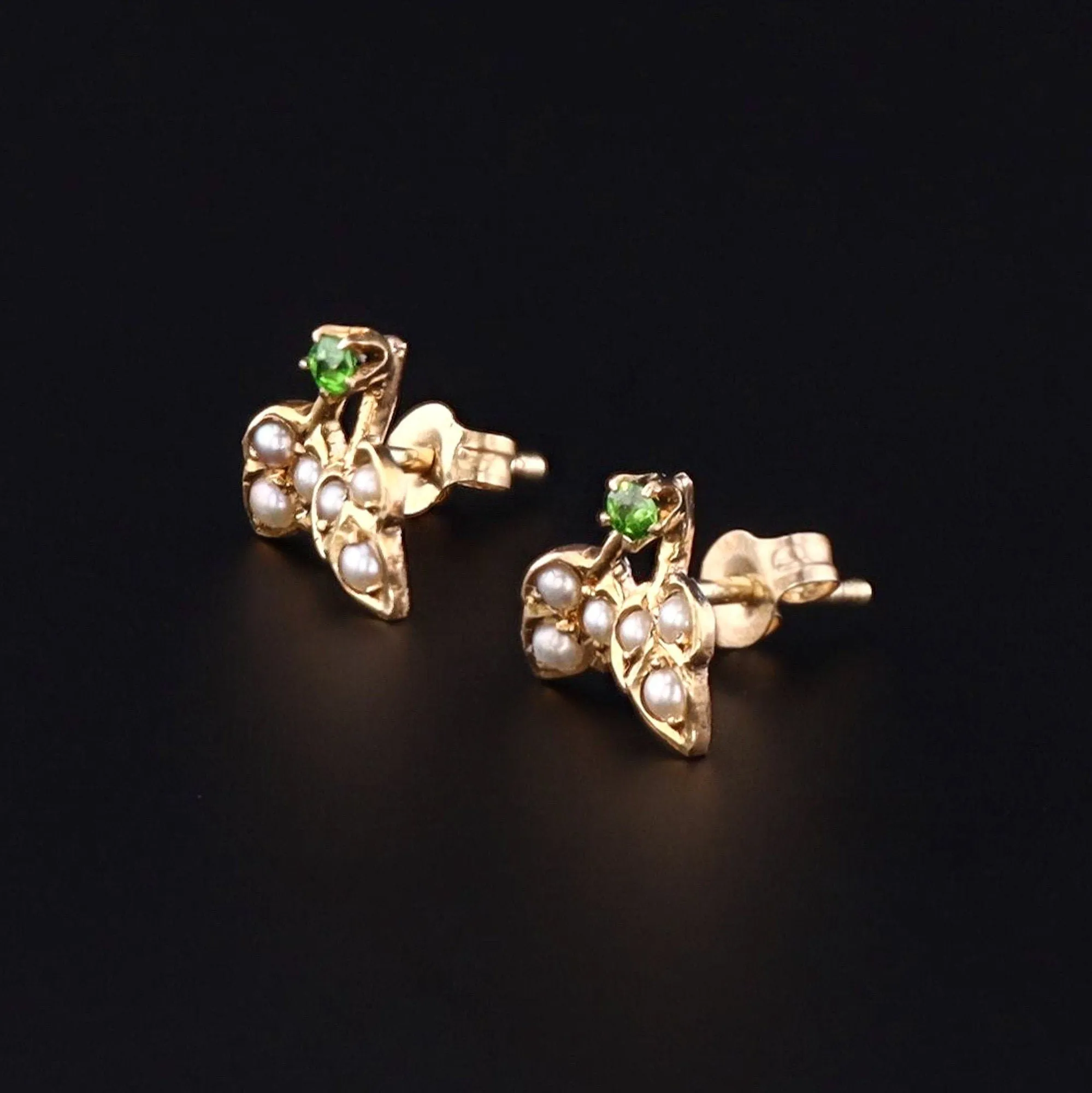 Pearl & Demantoid Garnet Flower Earrings | Antique Pin Conversion Earrings