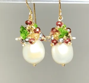 Pearl Cluster Earrings with Red, Green Gemstone Clusters