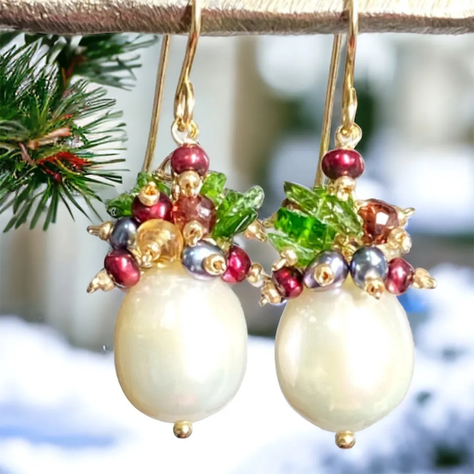 Pearl Cluster Earrings with Red, Green Gemstone Clusters