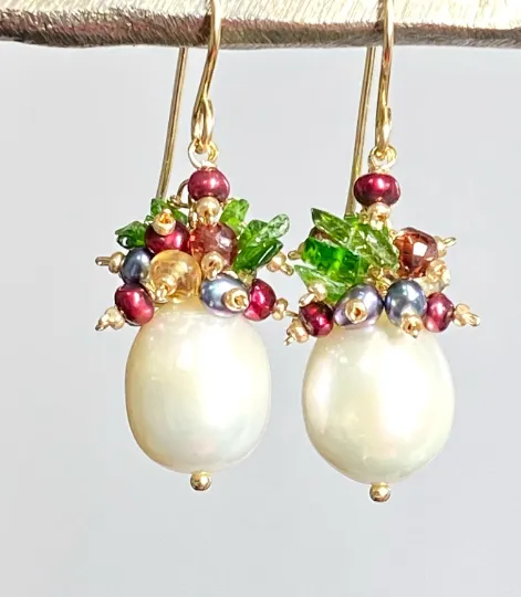 Pearl Cluster Earrings with Red, Green Gemstone Clusters