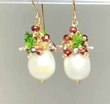 Pearl Cluster Earrings with Red, Green Gemstone Clusters