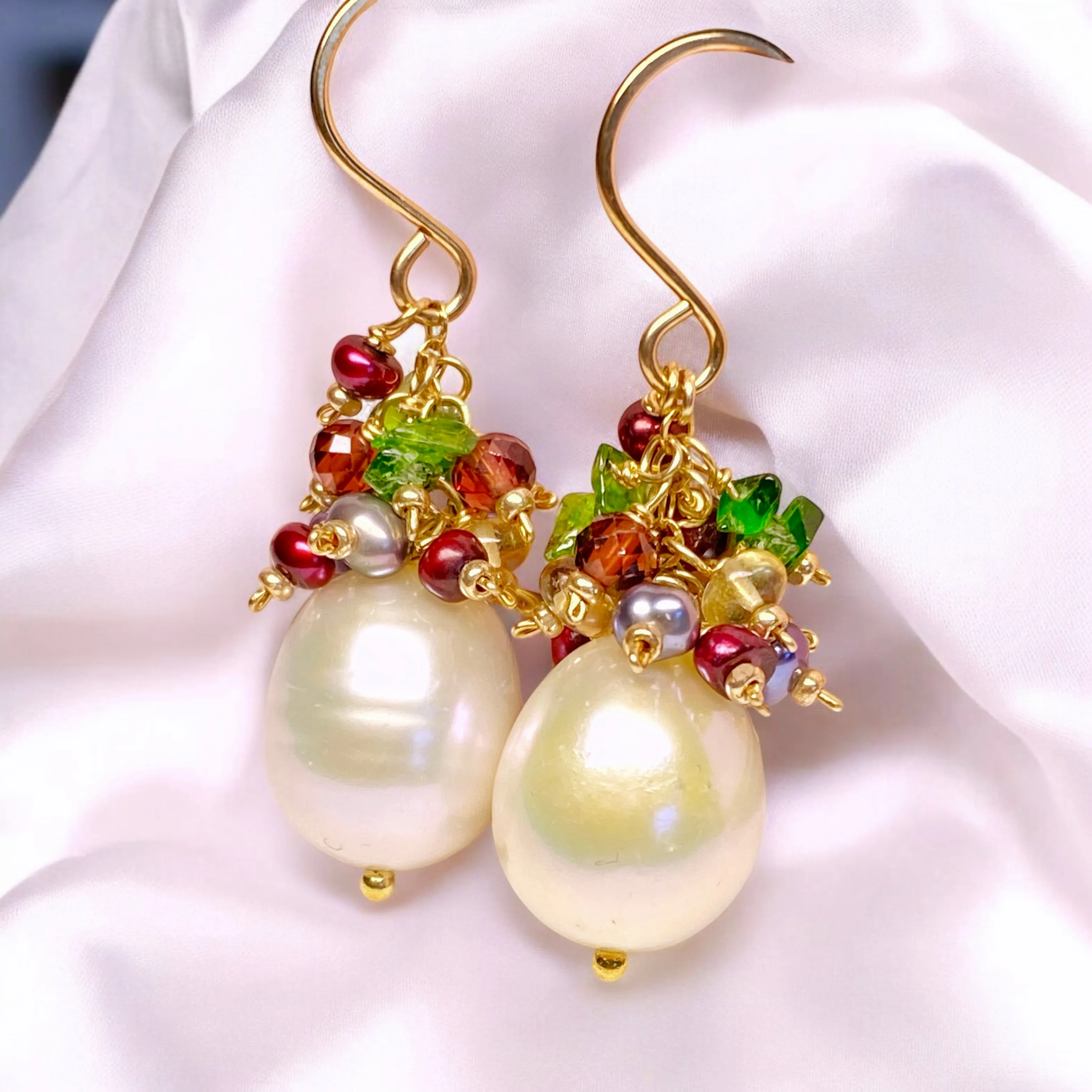 Pearl Cluster Earrings with Red, Green Gemstone Clusters