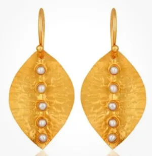 Petite Hammered 22k Gold Leaf Pearl Gemstone Earrings 1”
