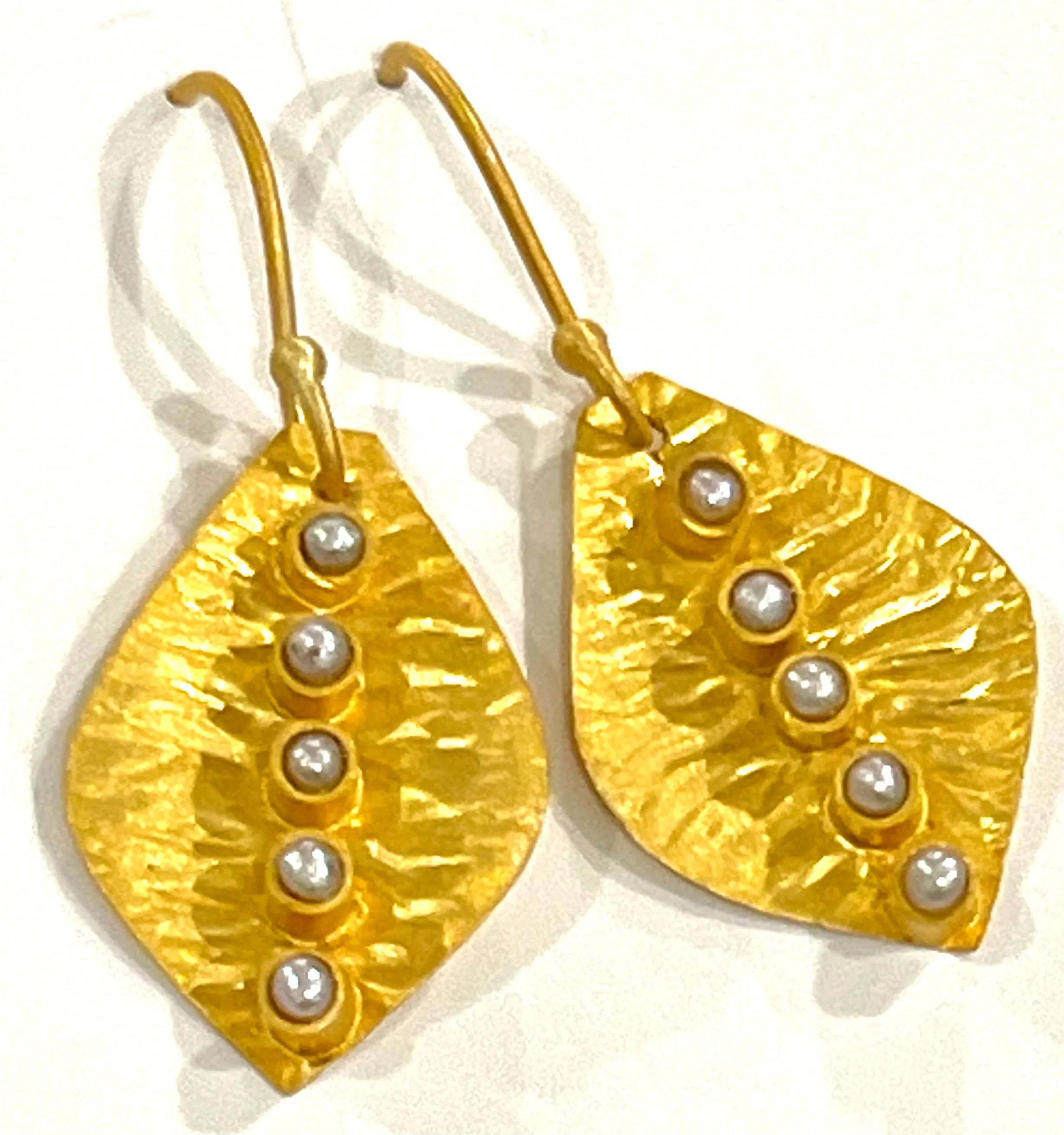 Petite Hammered 22k Gold Leaf Pearl Gemstone Earrings 1”