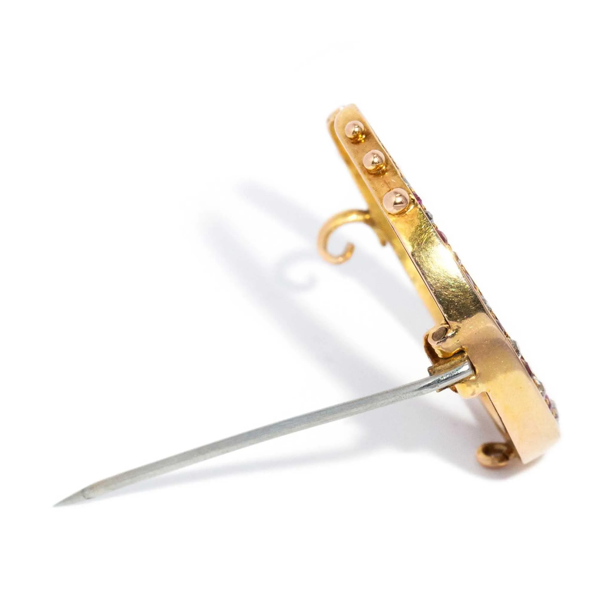 Phoebe 1930s Ruby & Diamond Crescent Brooch 18ct Gold