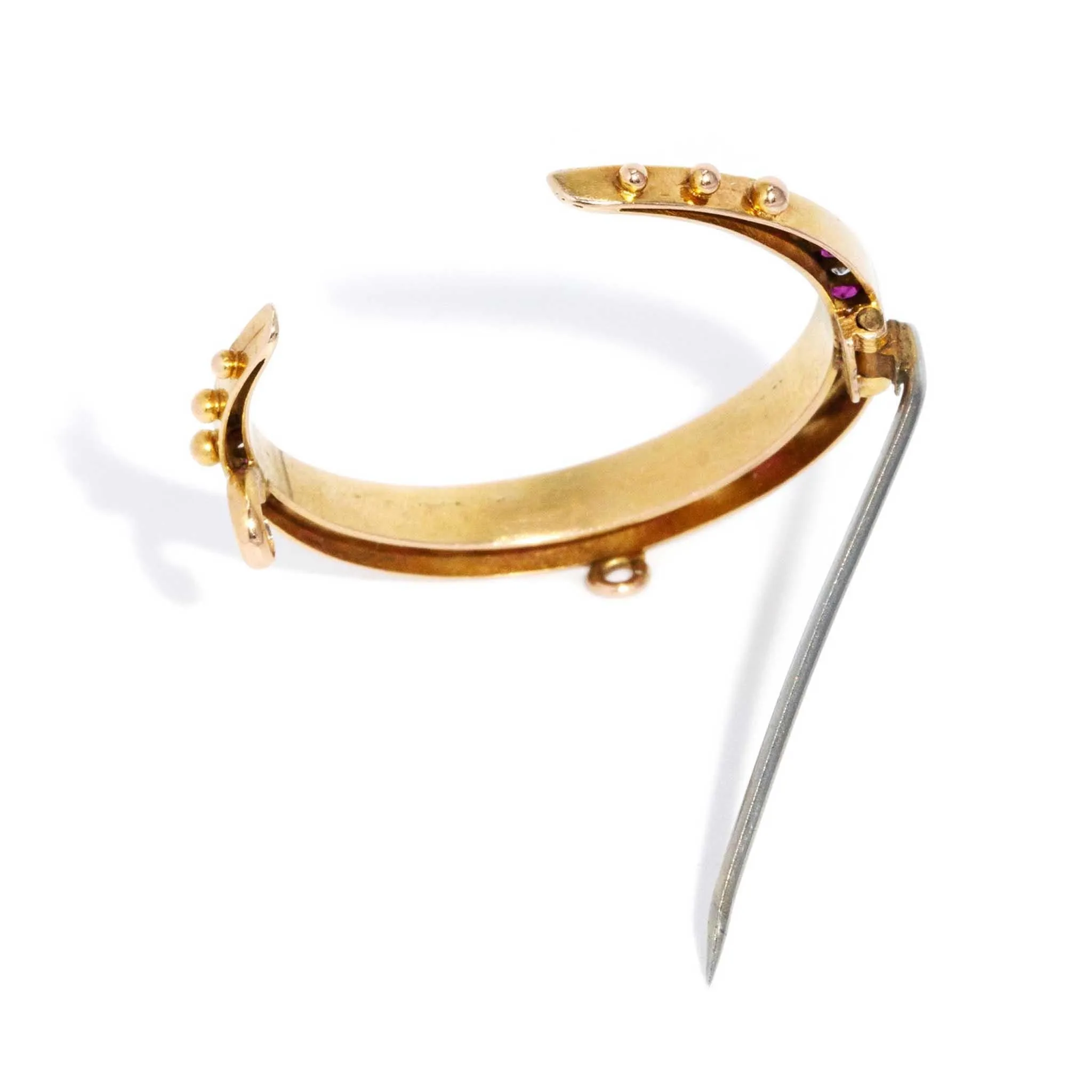 Phoebe 1930s Ruby & Diamond Crescent Brooch 18ct Gold