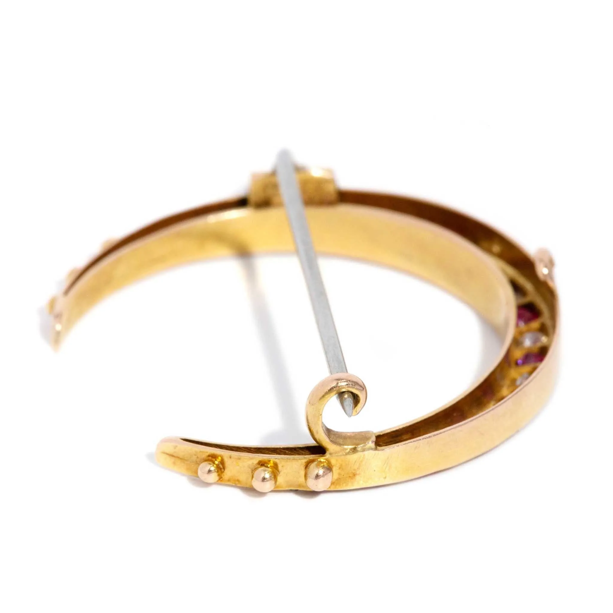 Phoebe 1930s Ruby & Diamond Crescent Brooch 18ct Gold