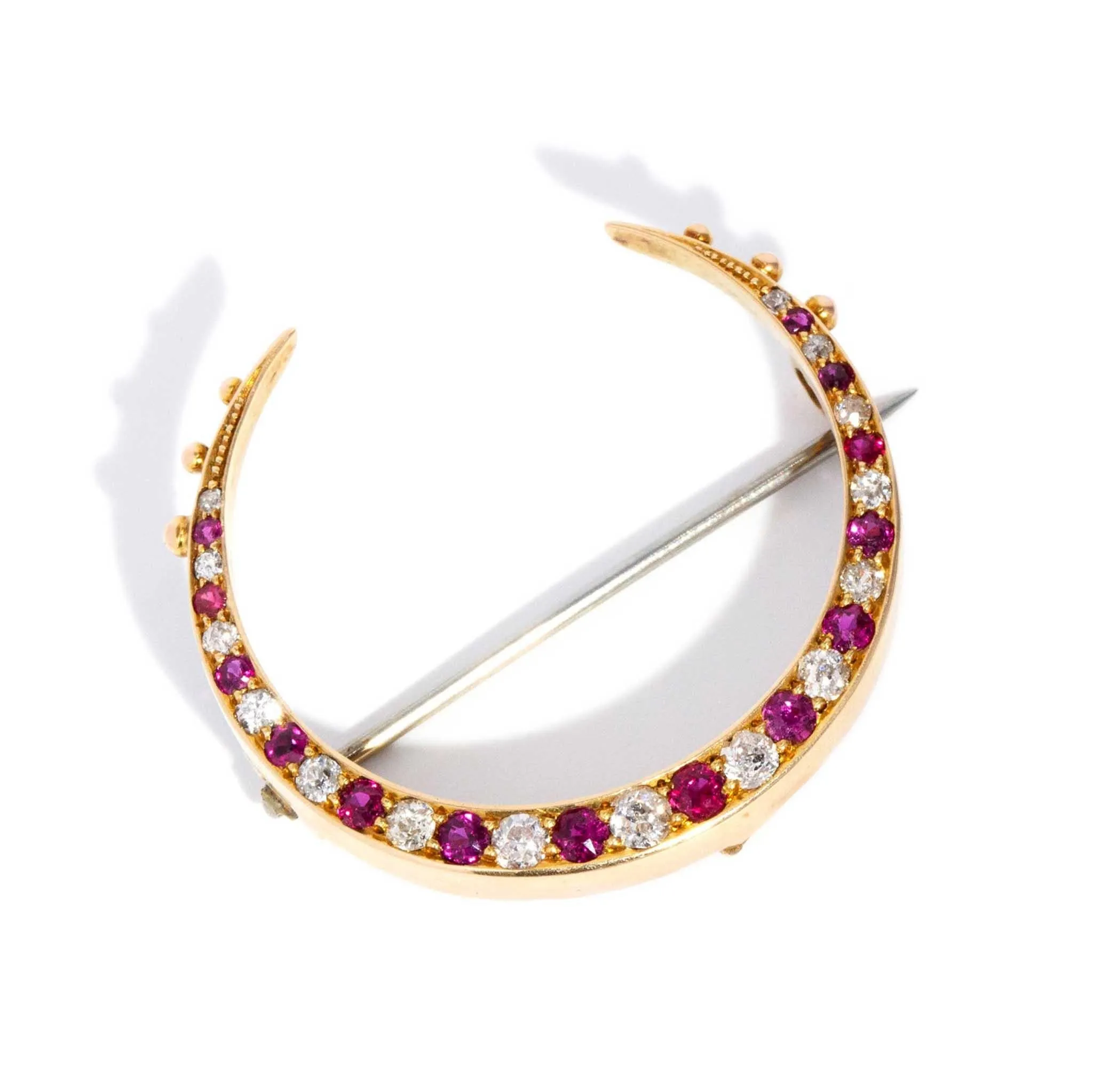 Phoebe 1930s Ruby & Diamond Crescent Brooch 18ct Gold