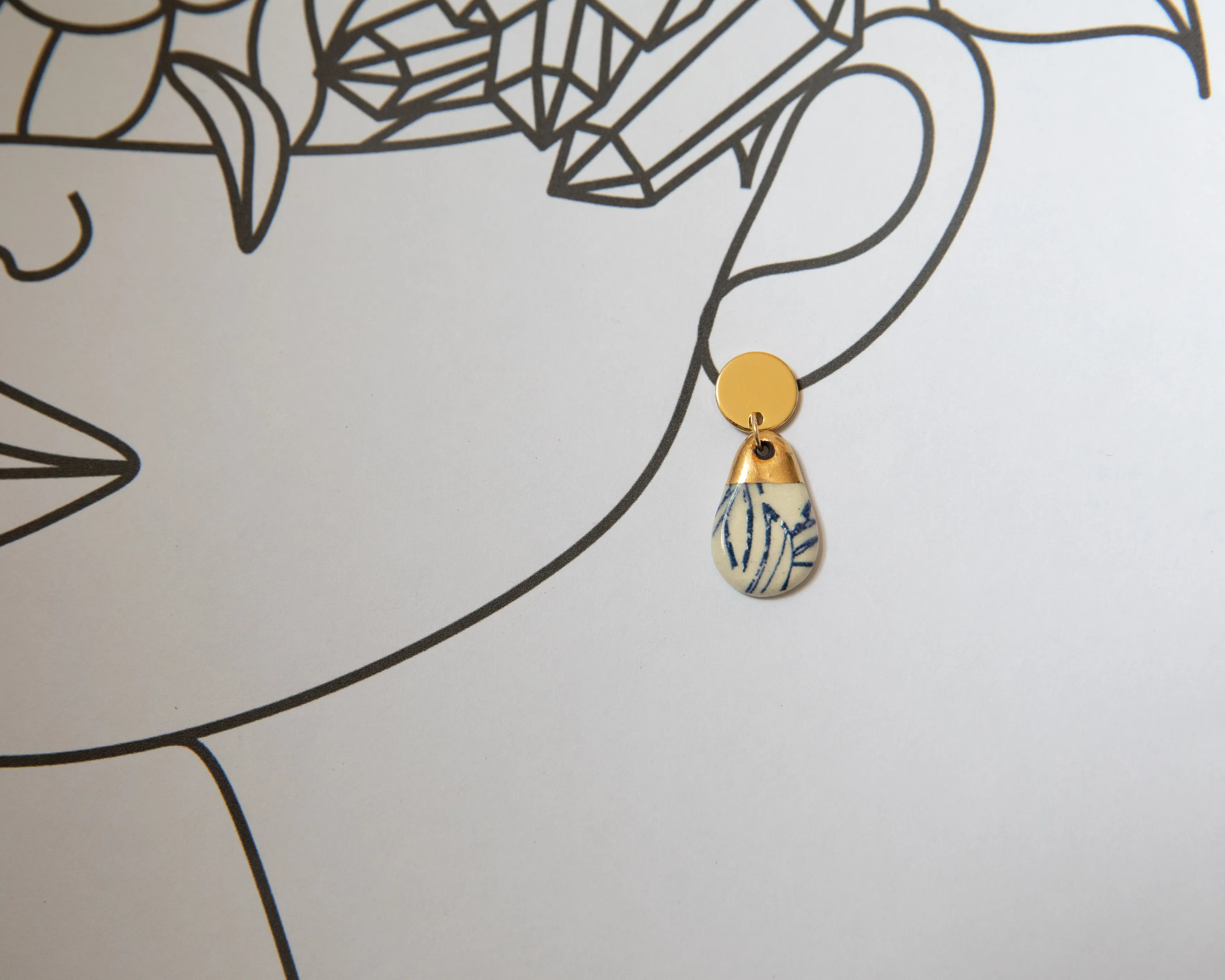 Porcelain and Gold Blue Floral Teardrop Drop Earrings