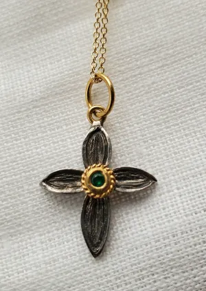 Prehistoric Works 24K & Sterling Silver Flower Cross/Emerald