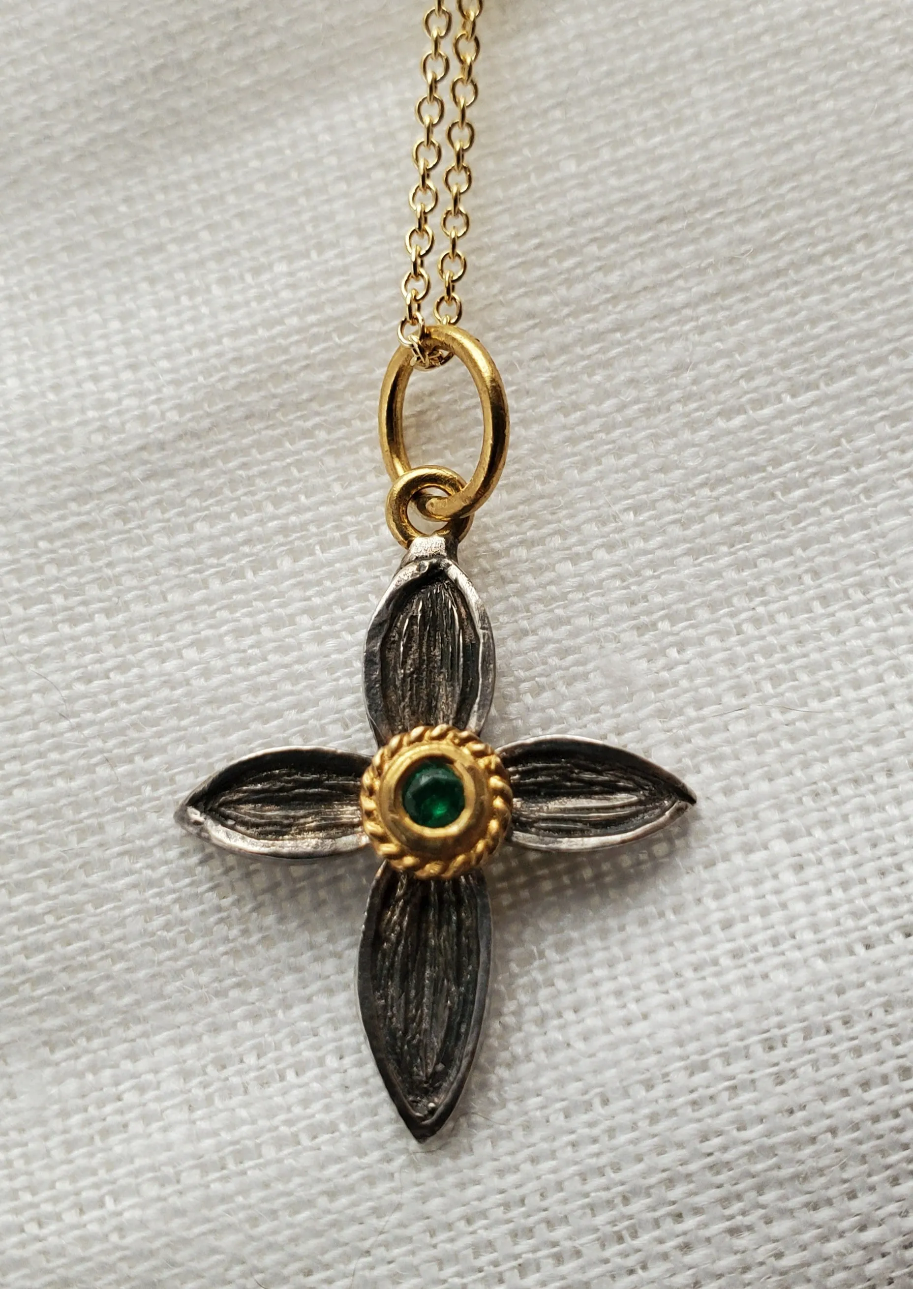 Prehistoric Works 24K & Sterling Silver Flower Cross/Emerald