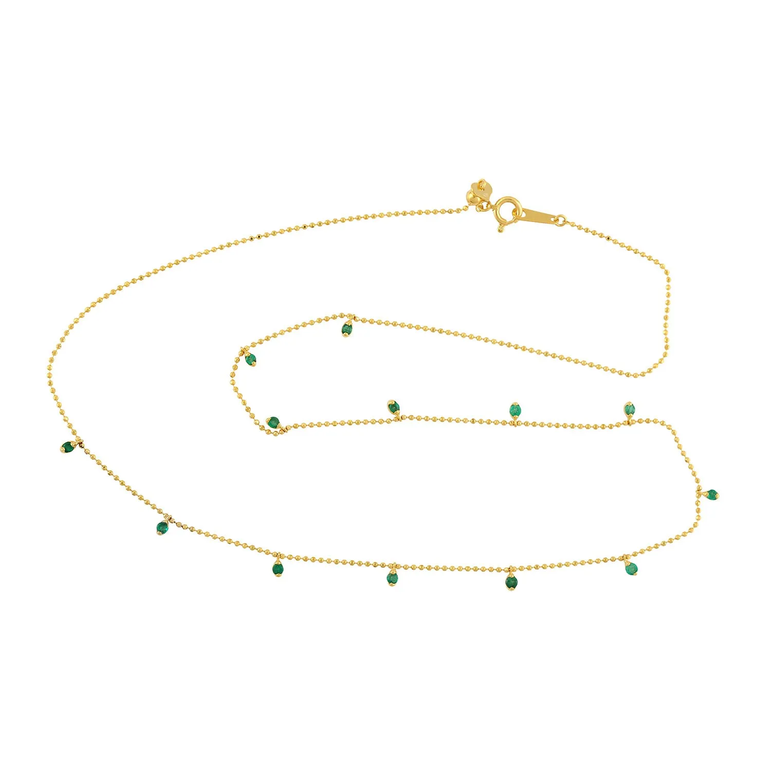 Prong Set Emerald Gemstone Beaded Princess Necklace In Yellow Gold