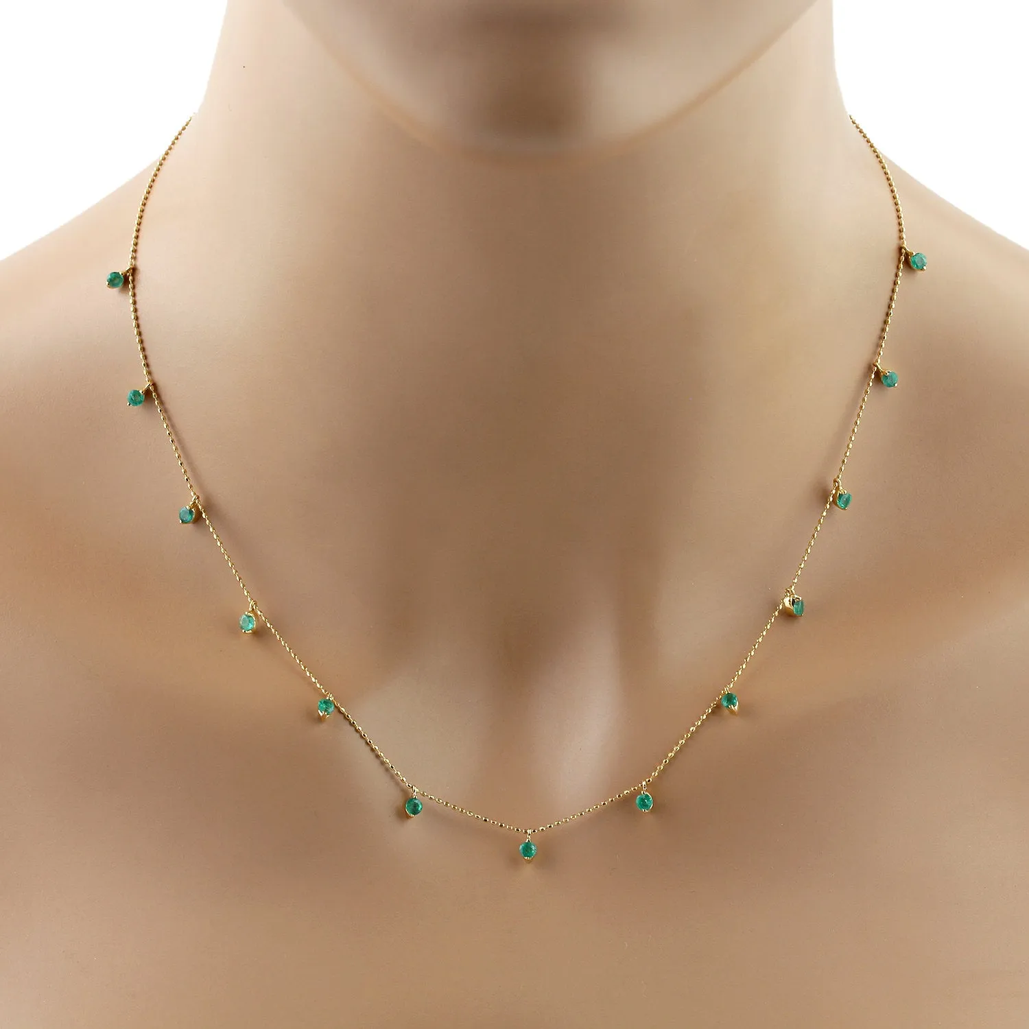 Prong Set Emerald Gemstone Beaded Princess Necklace In Yellow Gold