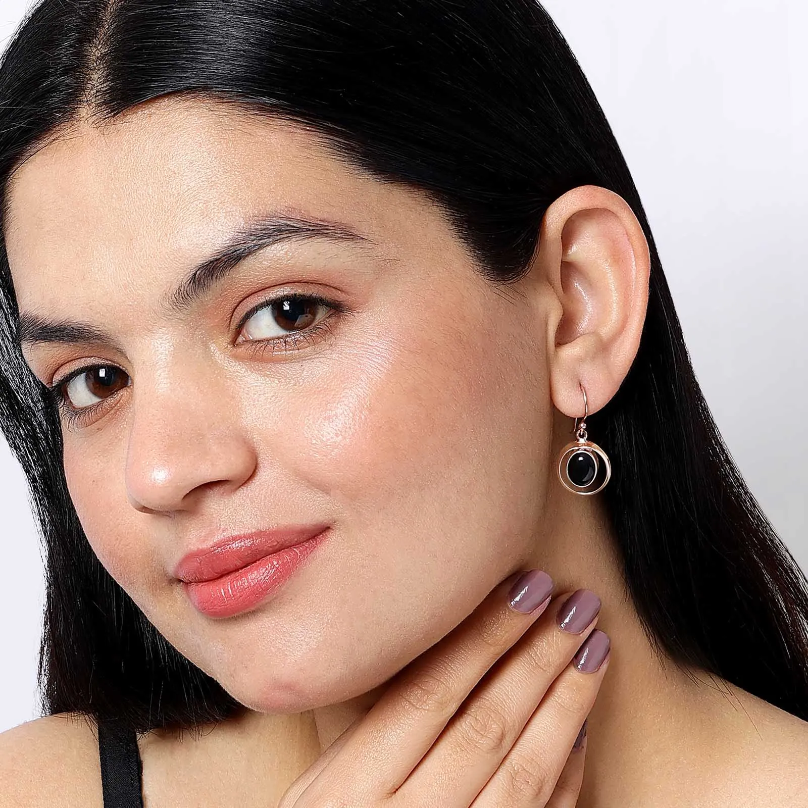 Pure Silver Earrings - Black Onyx Drop With Rose Gold Finish