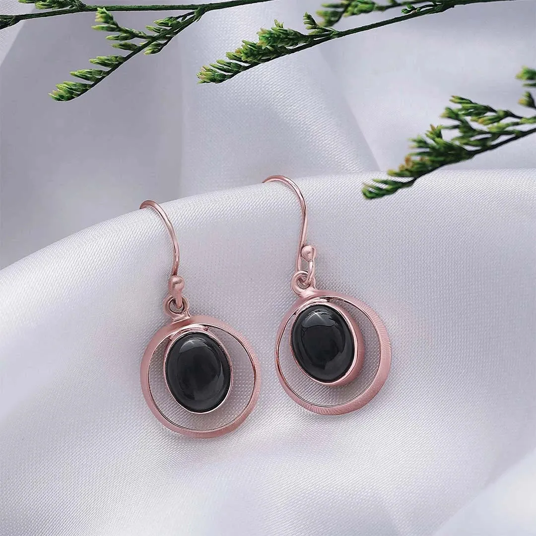 Pure Silver Earrings - Black Onyx Drop With Rose Gold Finish