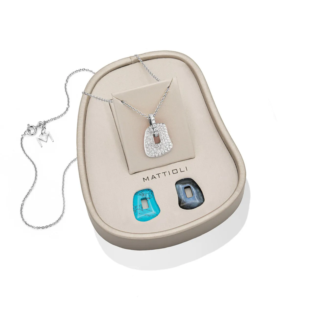 Puzzle 18K White Gold Diamond, Turquoise & Mother of Pearl Three Pendants Set Necklace