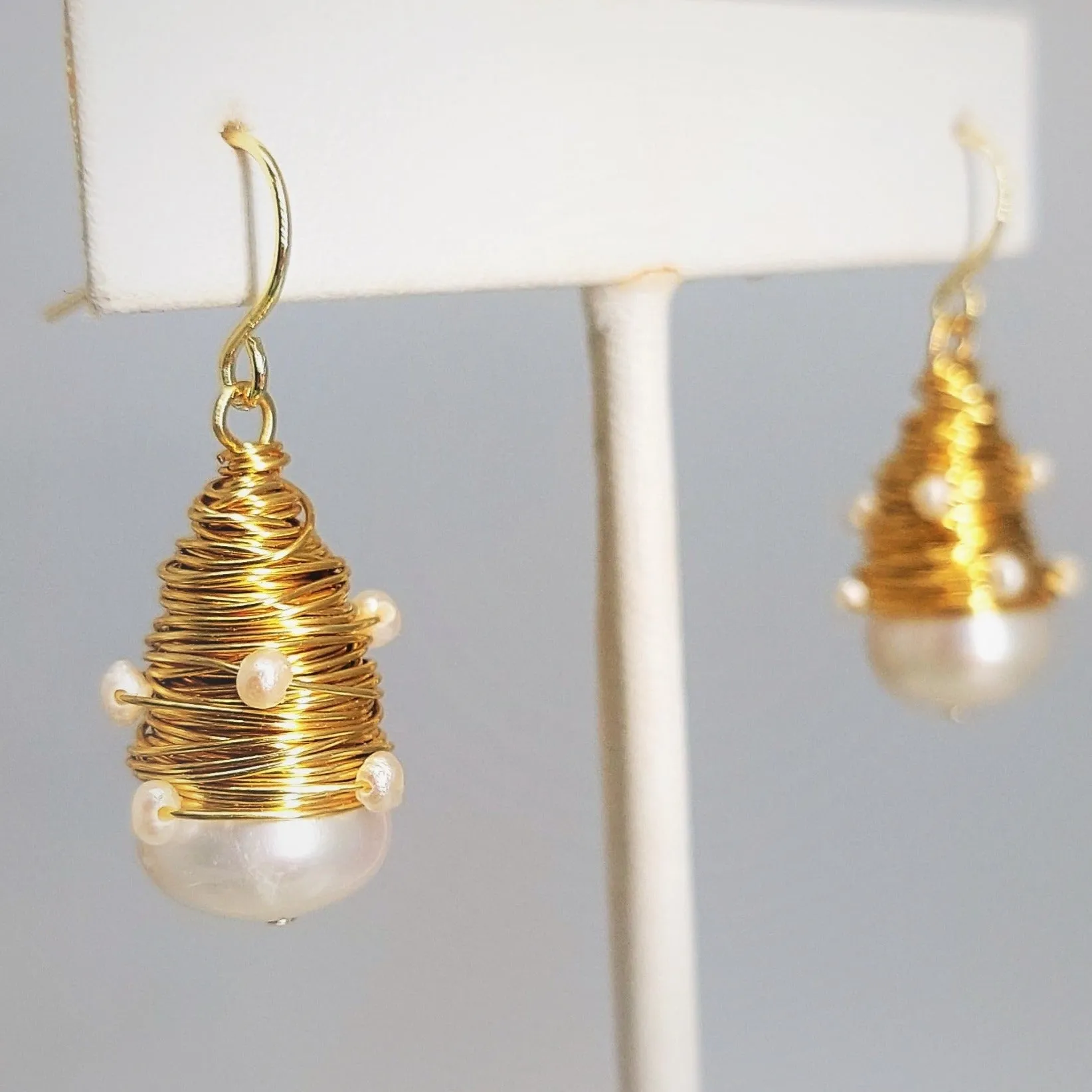 "Bird's Nest" 1.5" Earrings - White Pearl, Gold-filled, wire-wrapped, gold sterling French Hook
