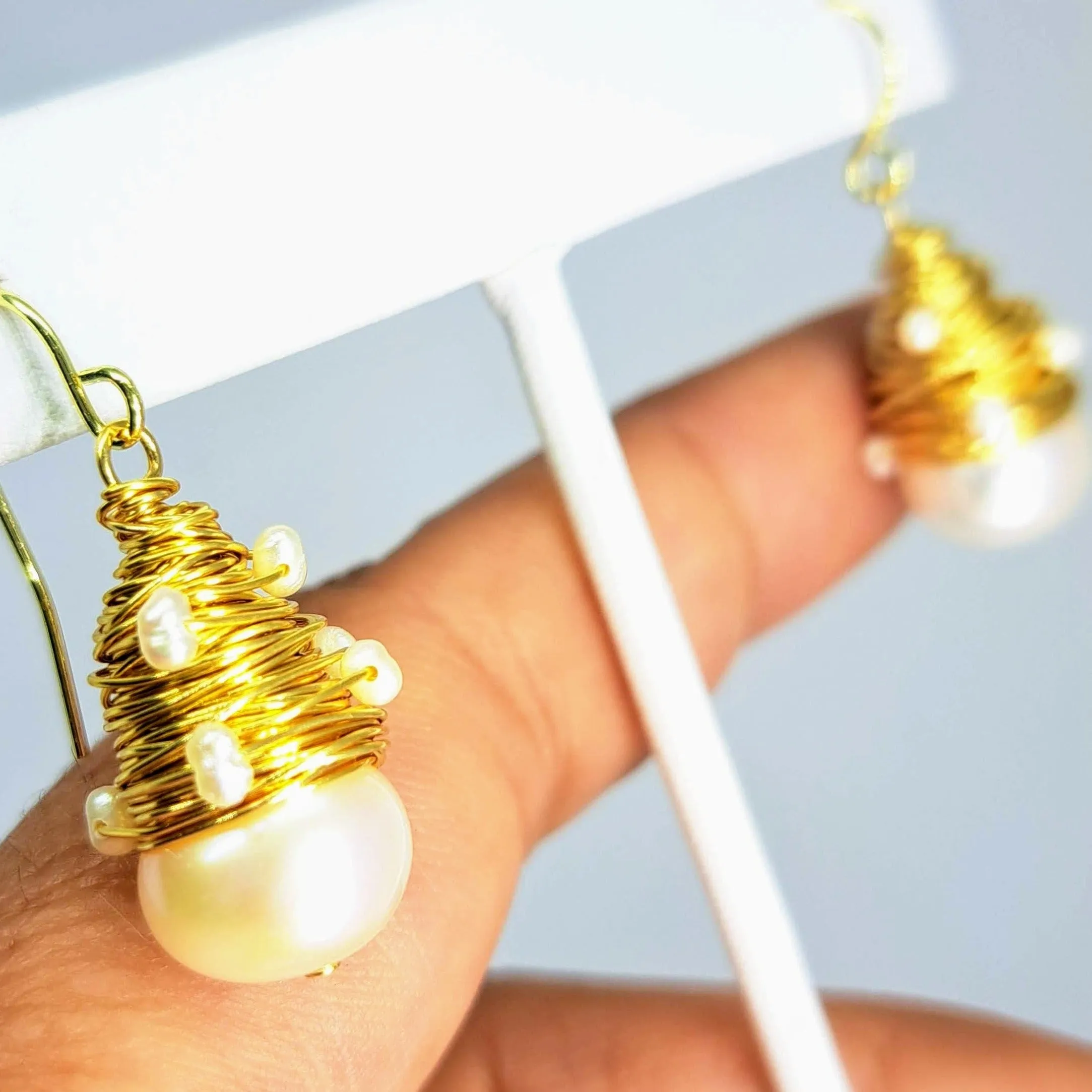 "Bird's Nest" 1.5" Earrings - White Pearl, Gold-filled, wire-wrapped, gold sterling French Hook