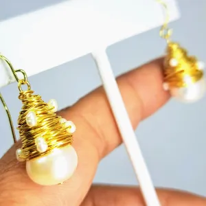 "Bird's Nest" 1.5" Earrings - White Pearl, Gold-filled, wire-wrapped, gold sterling French Hook