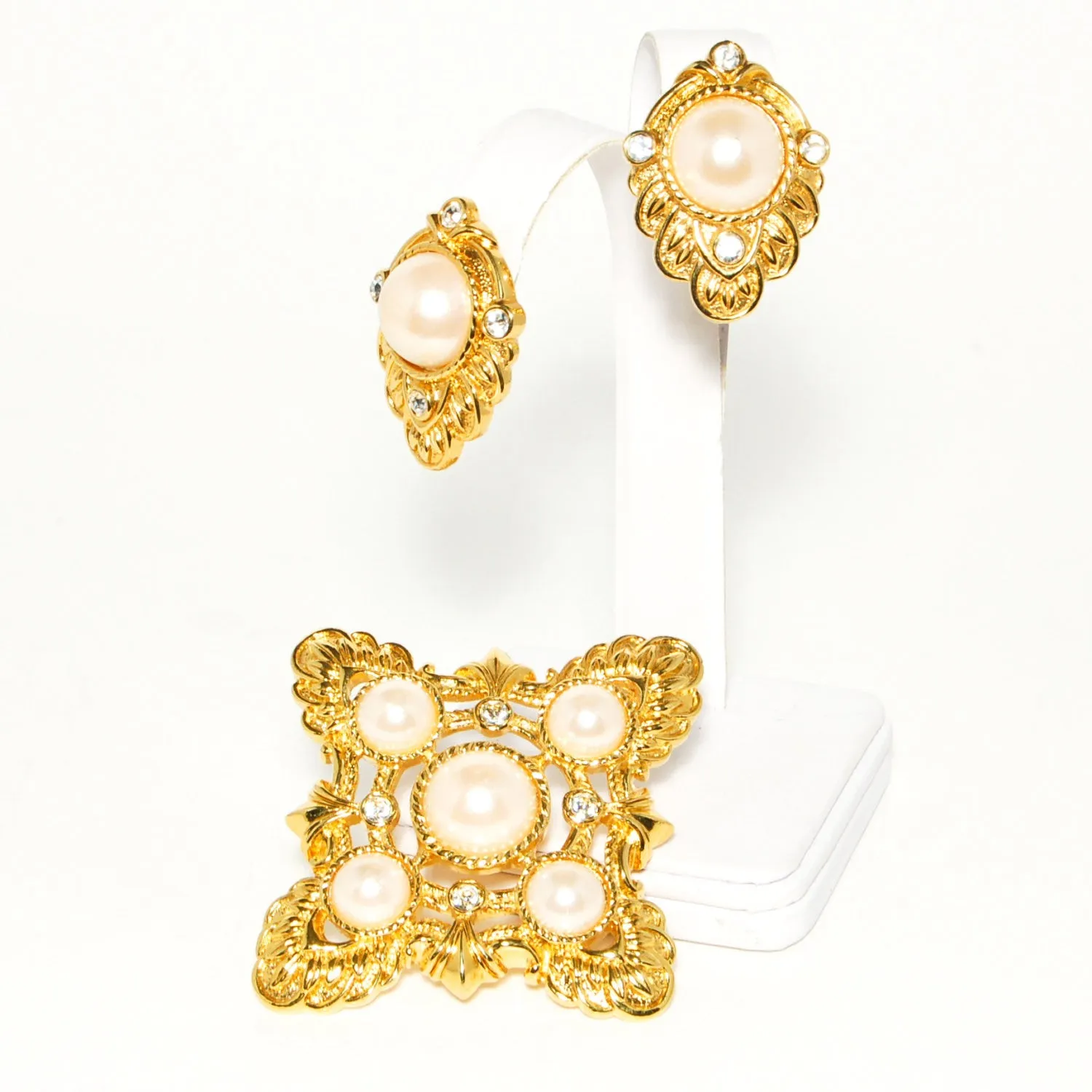 "Renaissance" Maltese Cross Gold Tone and Pearl Pendant and Earring set by Kenneth Jay Lane for Avon