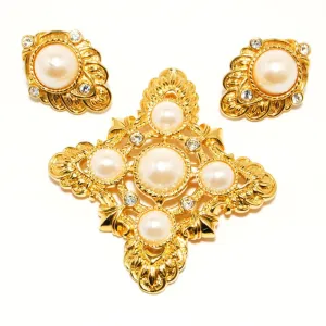 "Renaissance" Maltese Cross Gold Tone and Pearl Pendant and Earring set by Kenneth Jay Lane for Avon