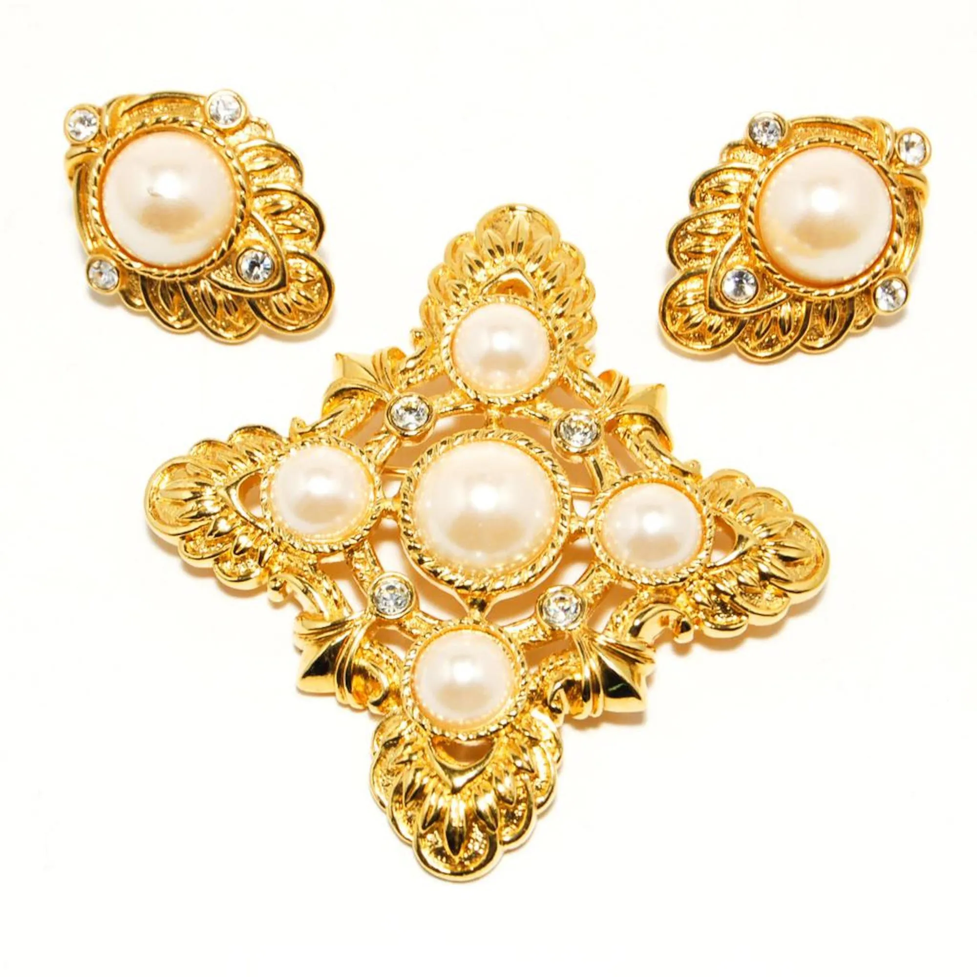 "Renaissance" Maltese Cross Gold Tone and Pearl Pendant and Earring set by Kenneth Jay Lane for Avon