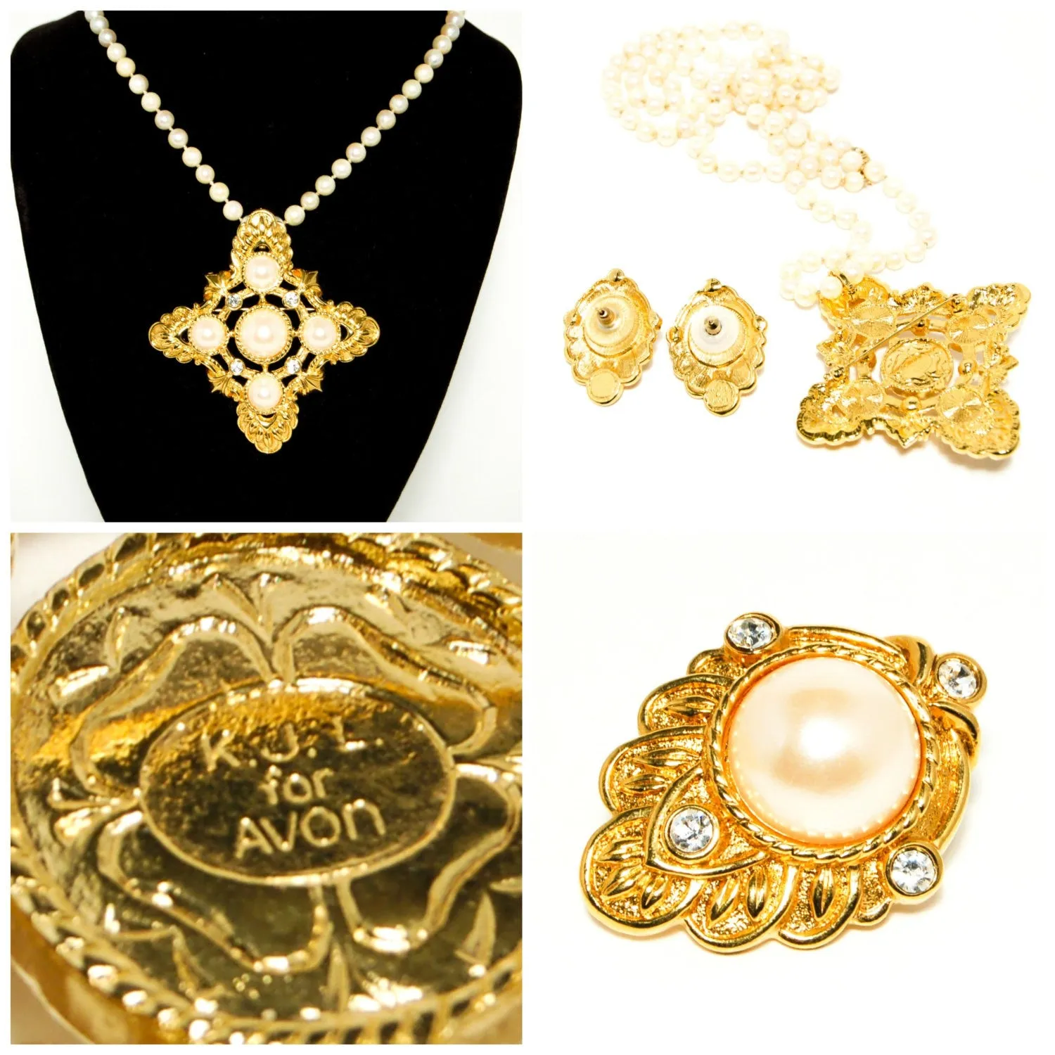 "Renaissance" Maltese Cross Gold Tone and Pearl Pendant and Earring set by Kenneth Jay Lane for Avon