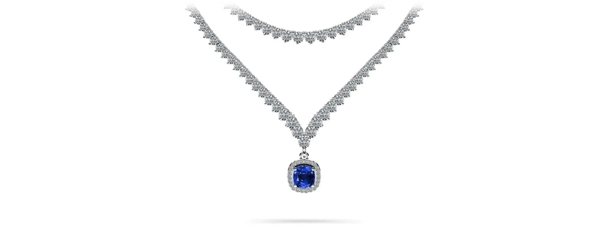 Ravishing Cushion Cut 2 Row 3 Prong Diamond Necklace with 16.10 ct.(finished) Sapphire