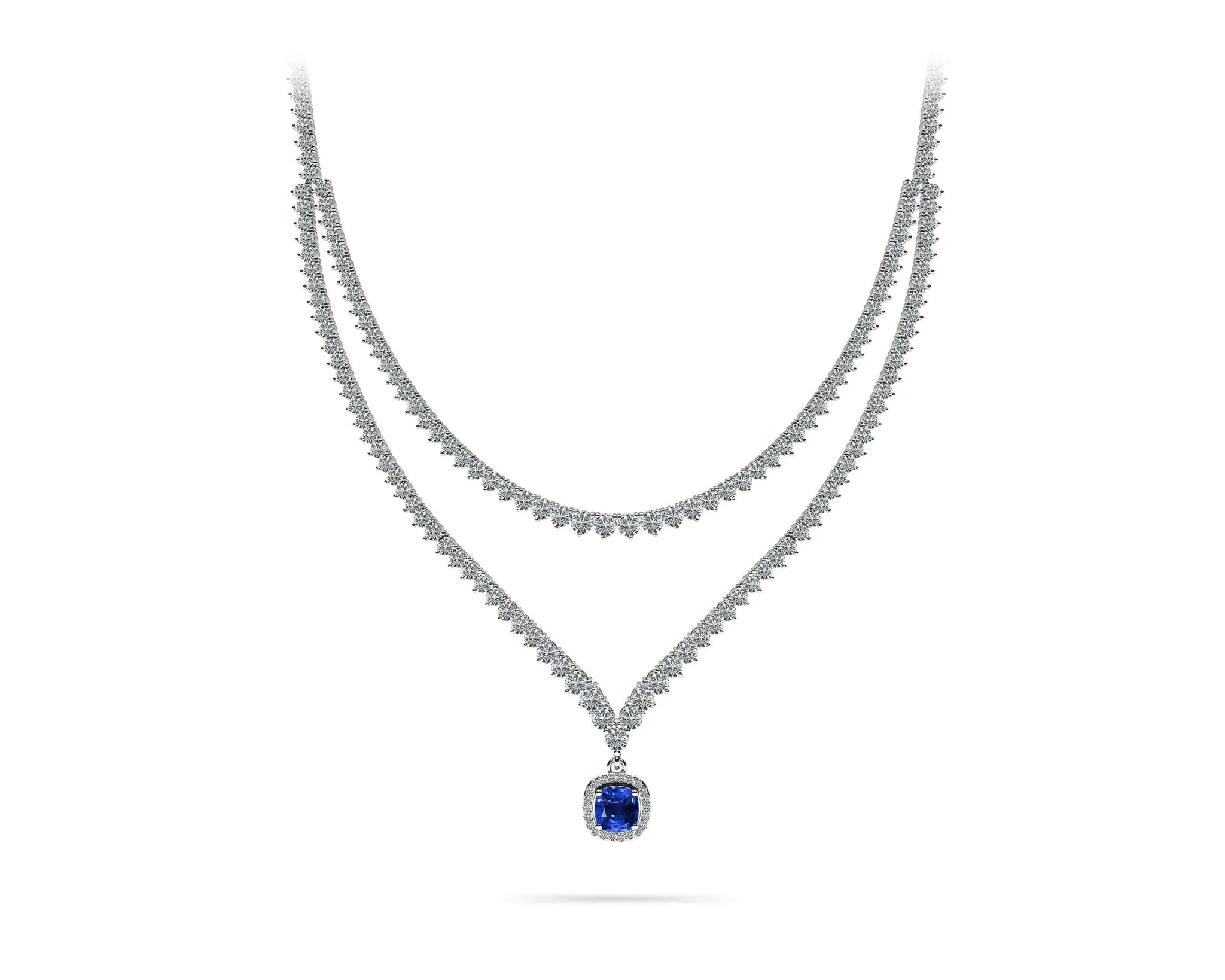 Ravishing Cushion Cut 2 Row 3 Prong Diamond Necklace with 16.10 ct.(finished) Sapphire