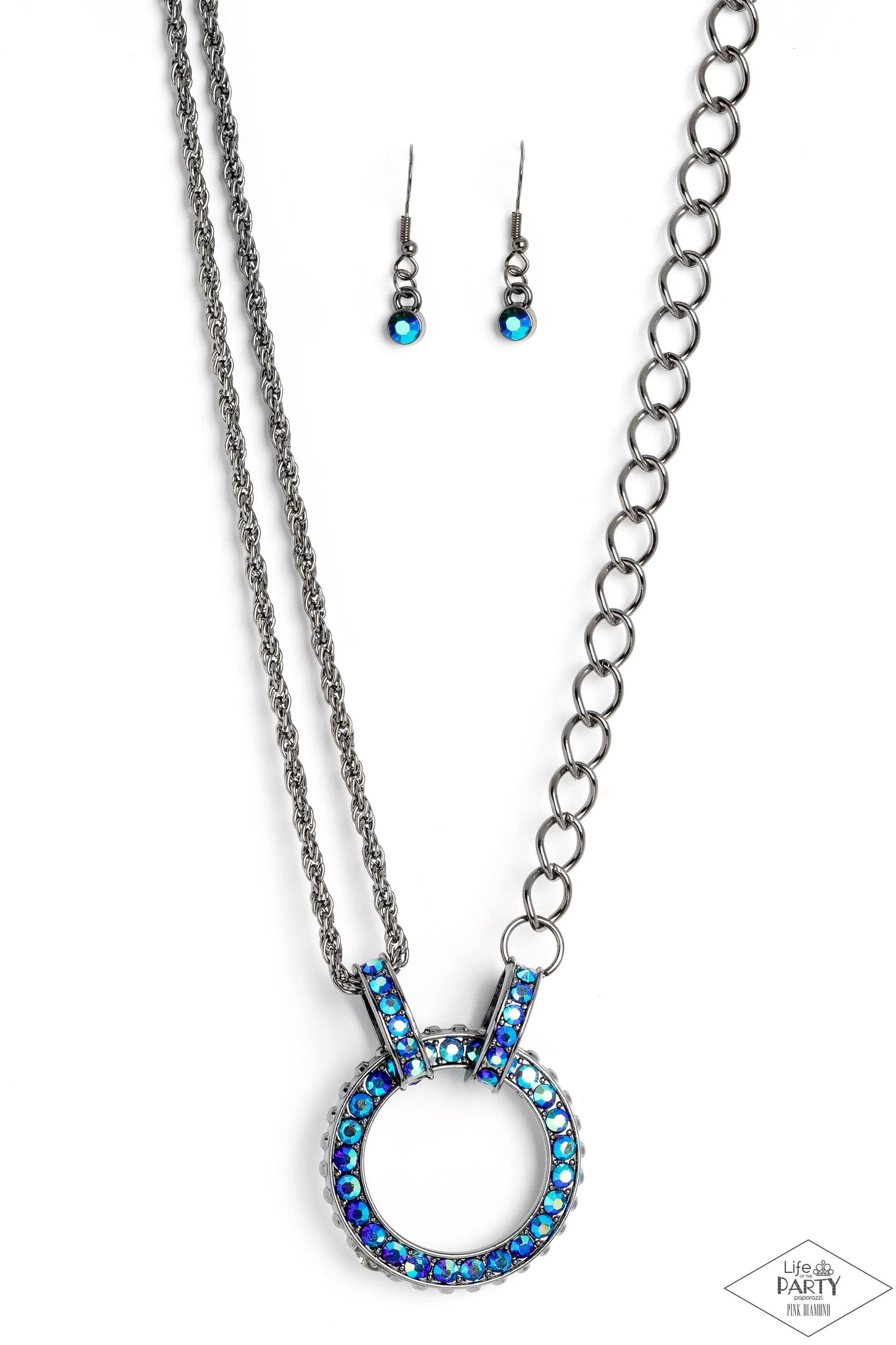 Razzle Dazzle - Blue - UV Rhinestone Hoop Gunmetal Mismatched Chain Paparazzi Short Necklace - Pink Diamond Exclusive
