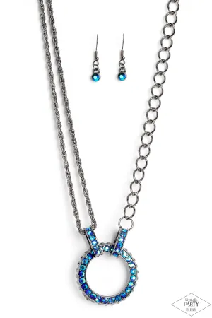 Razzle Dazzle - Blue - UV Rhinestone Hoop Gunmetal Mismatched Chain Paparazzi Short Necklace - Pink Diamond Exclusive