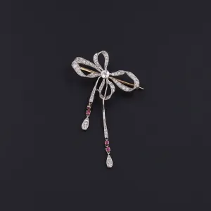 RESERVED for B. - Antique Diamond Ruby and Platinum Bow Brooch