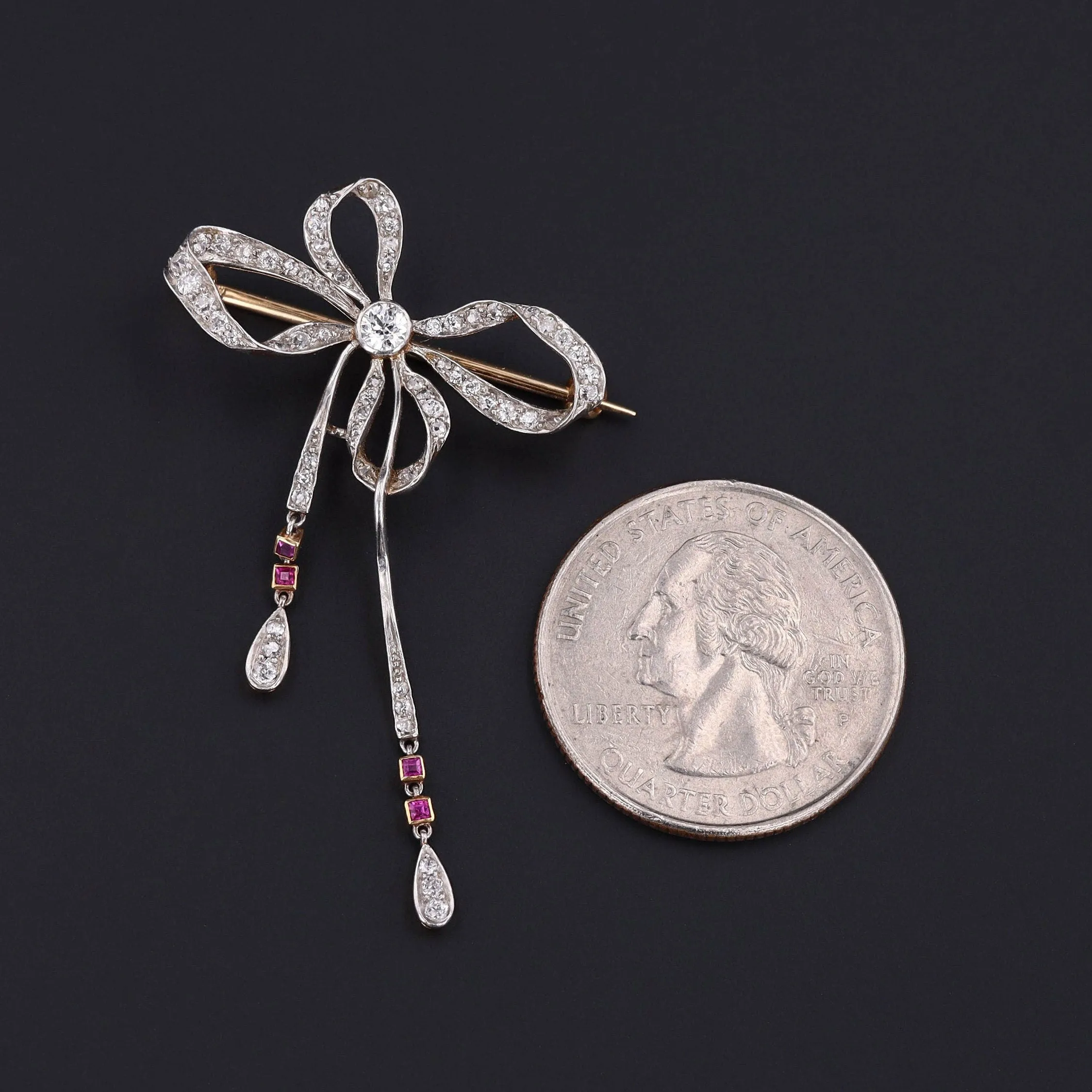 RESERVED for B. - Antique Diamond Ruby and Platinum Bow Brooch