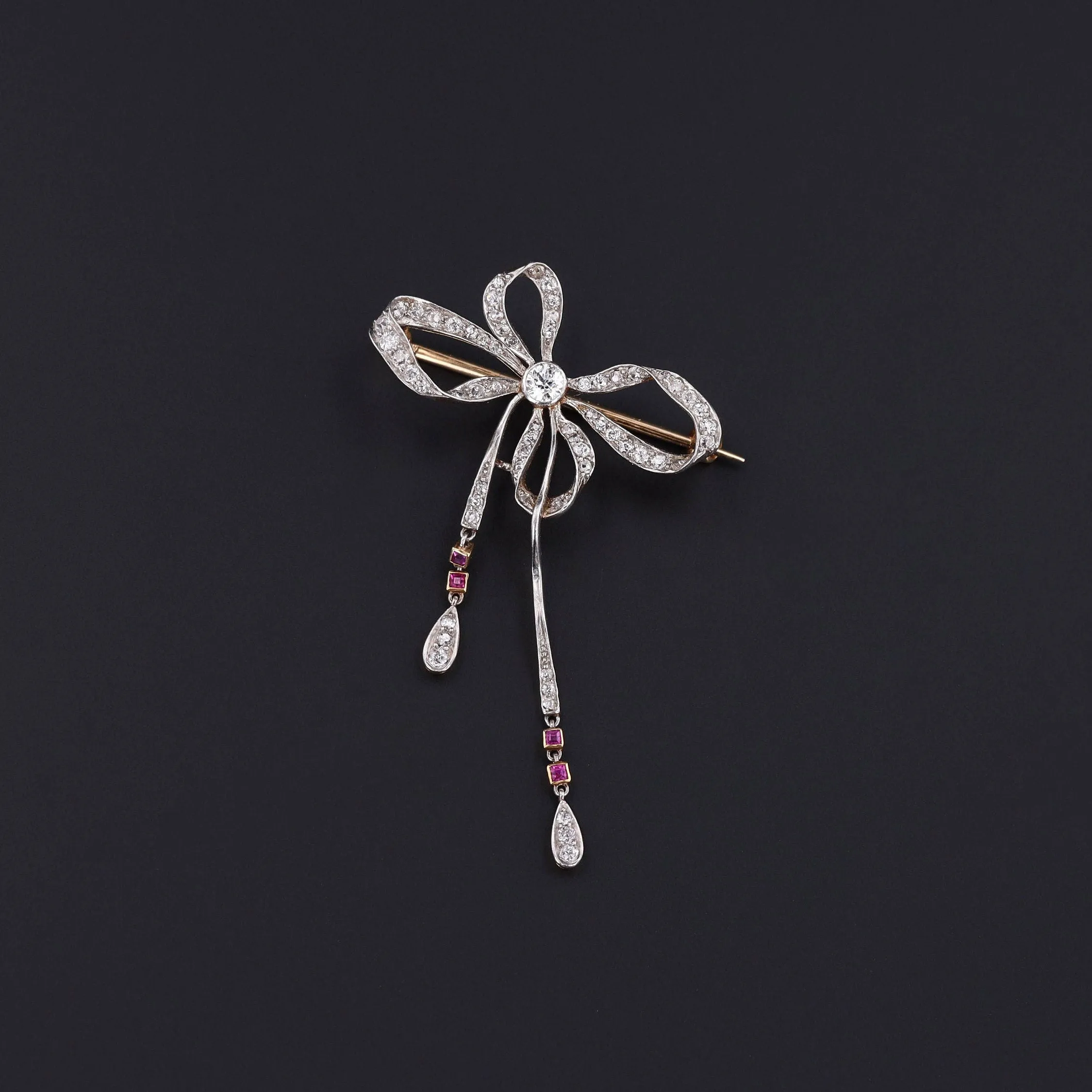 RESERVED for B. - Antique Diamond Ruby and Platinum Bow Brooch