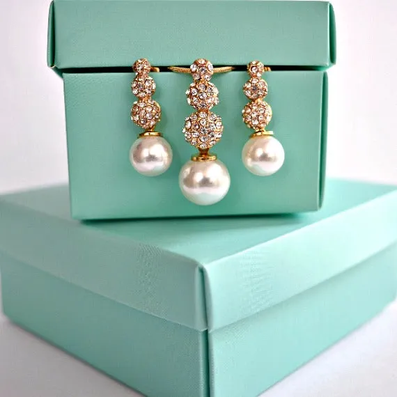 Rhinestone Pearl Bridal Jewelry Set. Deco Crystal Pearl Drop Wedding Jewelry Set. Pearl Earrings And Necklace Bridal Set. Bridesmaid Gift.