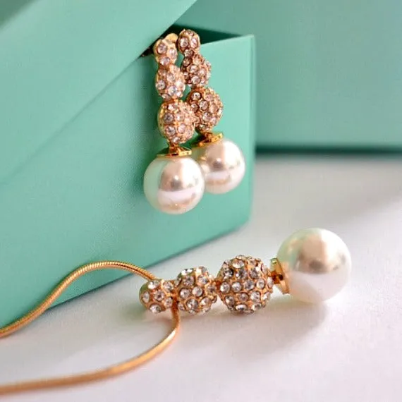 Rhinestone Pearl Bridal Jewelry Set. Deco Crystal Pearl Drop Wedding Jewelry Set. Pearl Earrings And Necklace Bridal Set. Bridesmaid Gift.