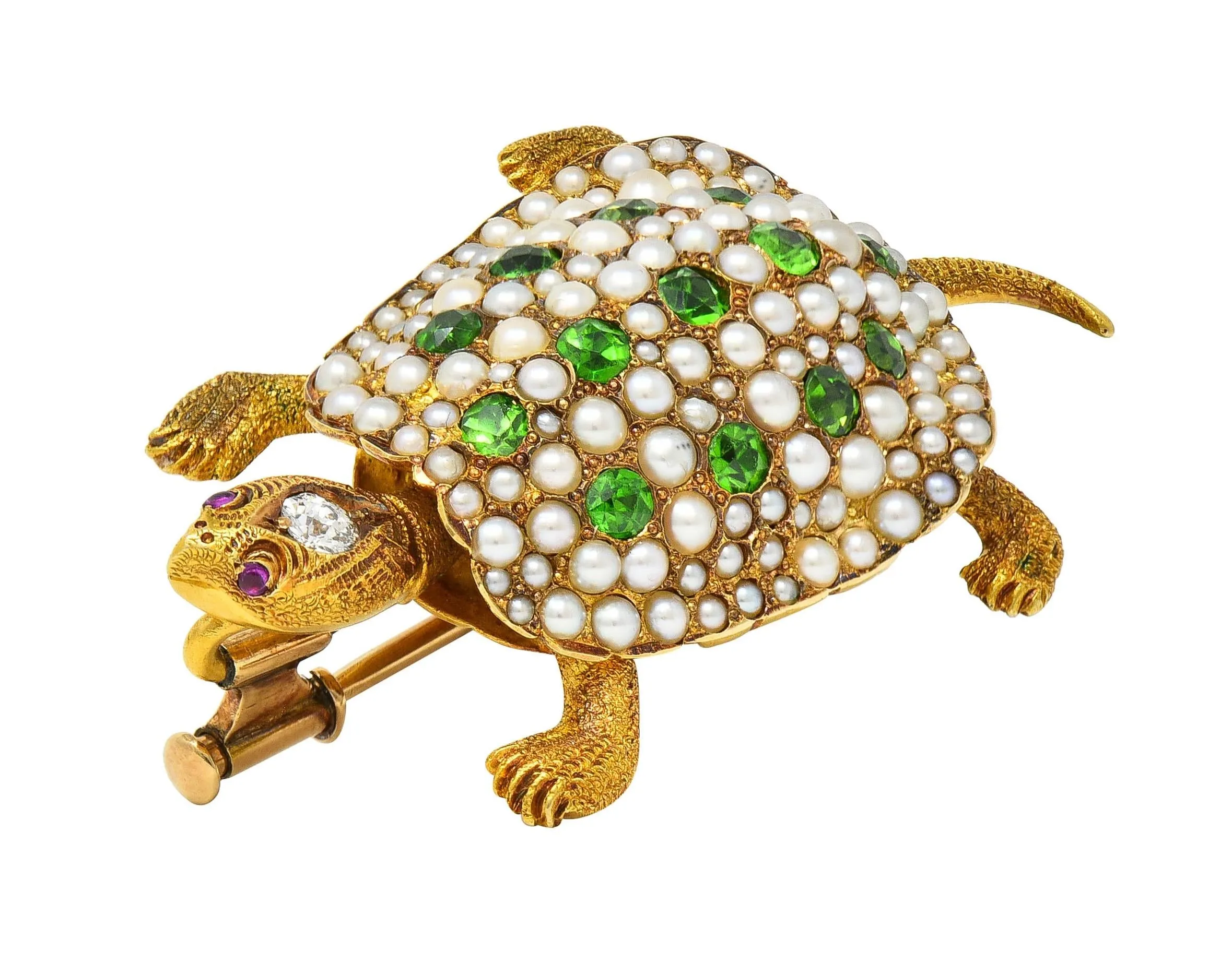 Riker Brothers Art Nouveau Diamond Demantoid Garnet Pearl Ruby 14 Karat Gold Antique Turtle Brooch
