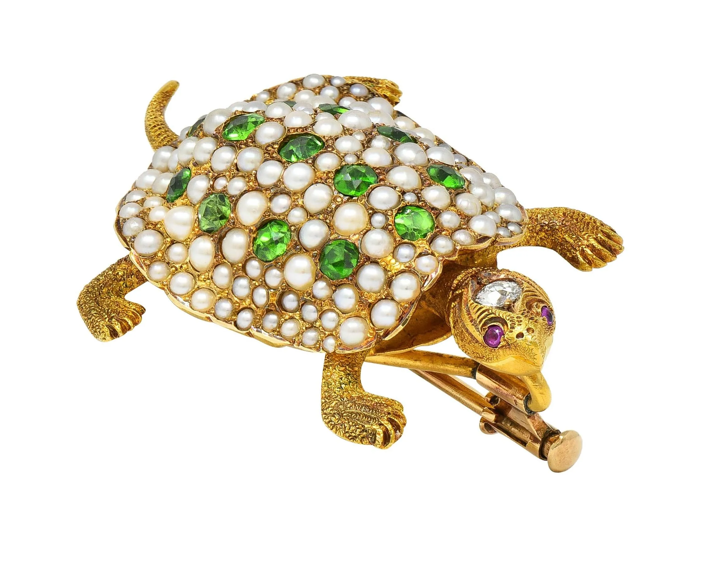 Riker Brothers Art Nouveau Diamond Demantoid Garnet Pearl Ruby 14 Karat Gold Antique Turtle Brooch