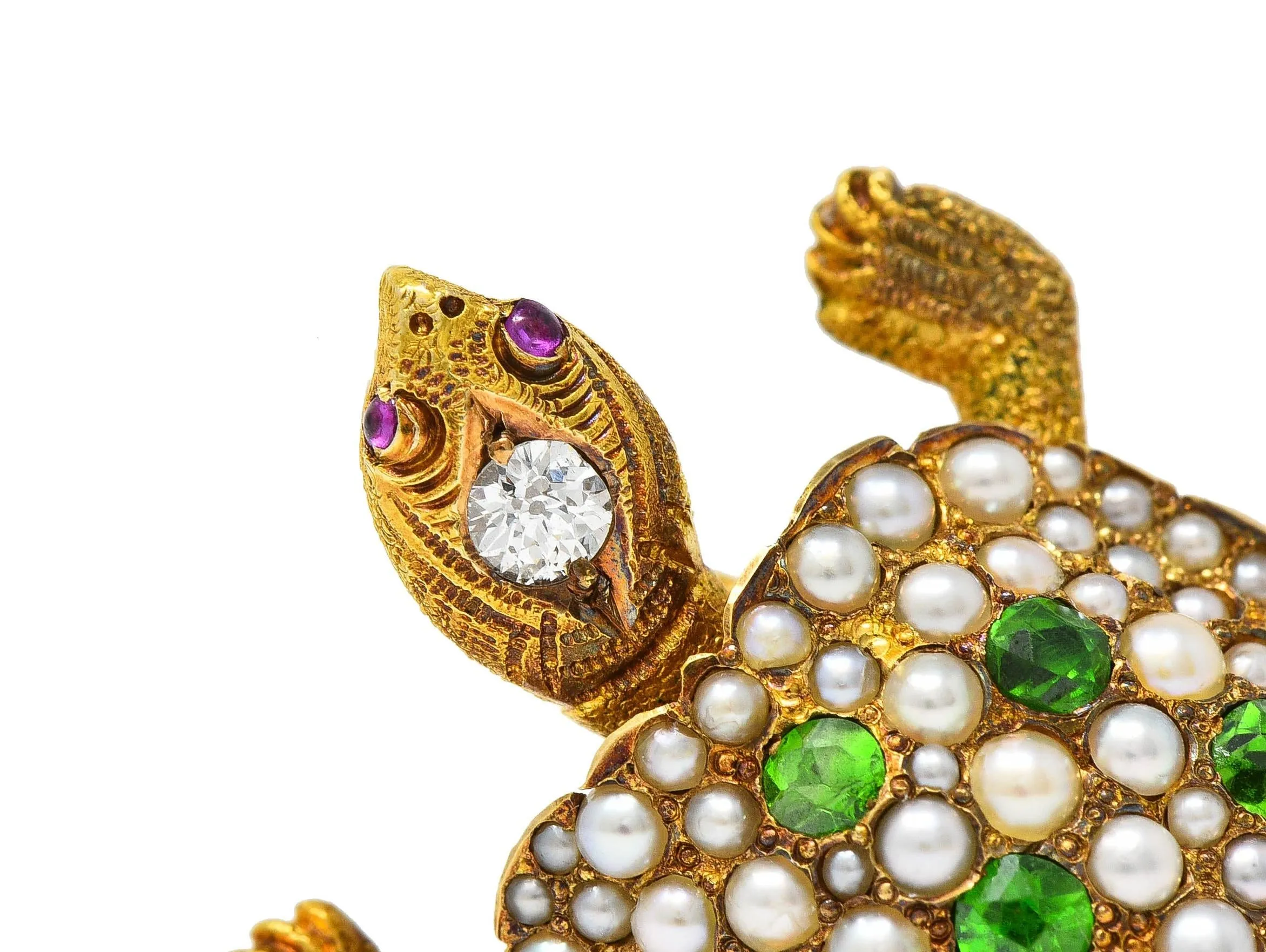 Riker Brothers Art Nouveau Diamond Demantoid Garnet Pearl Ruby 14 Karat Gold Antique Turtle Brooch