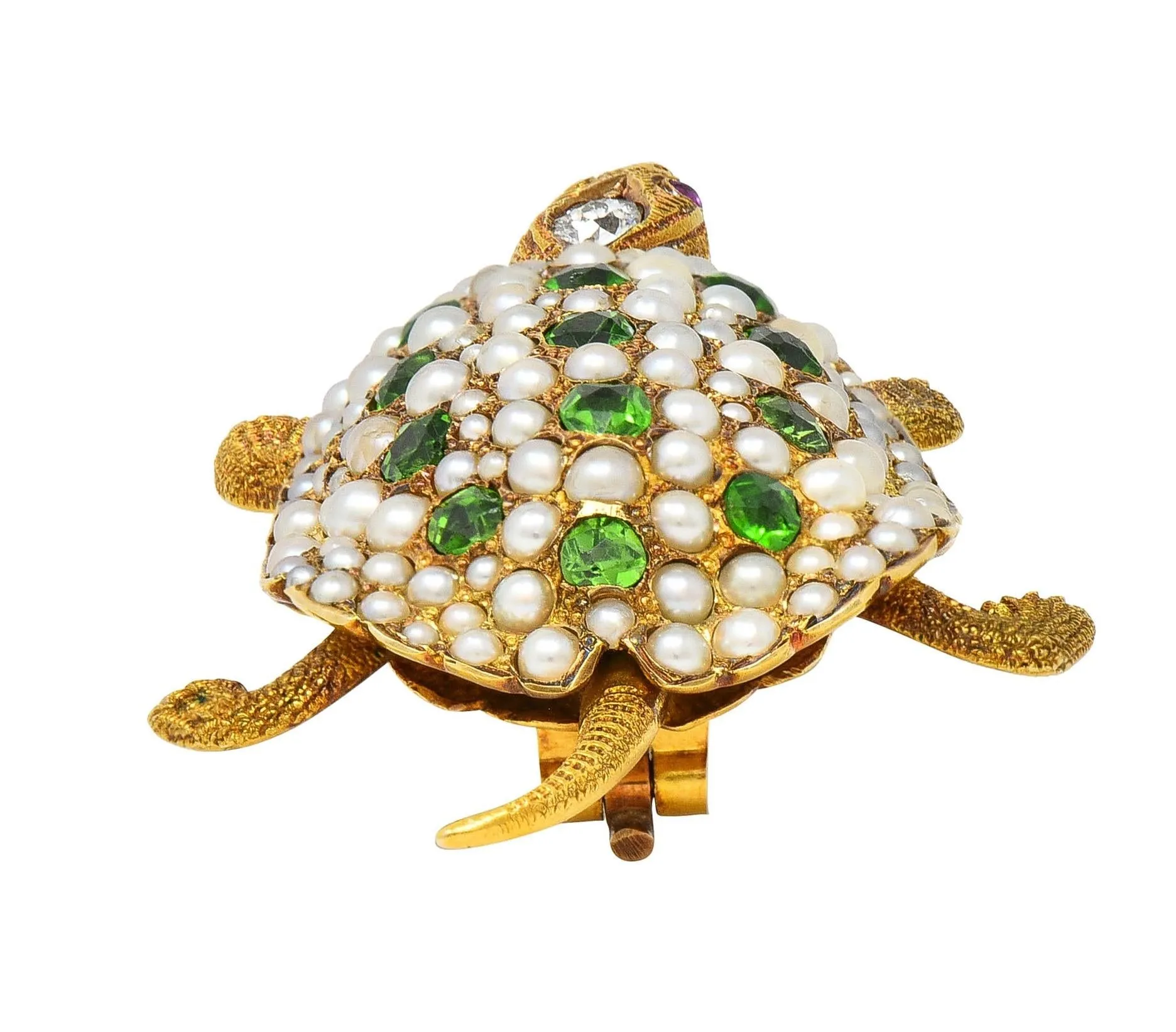 Riker Brothers Art Nouveau Diamond Demantoid Garnet Pearl Ruby 14 Karat Gold Antique Turtle Brooch