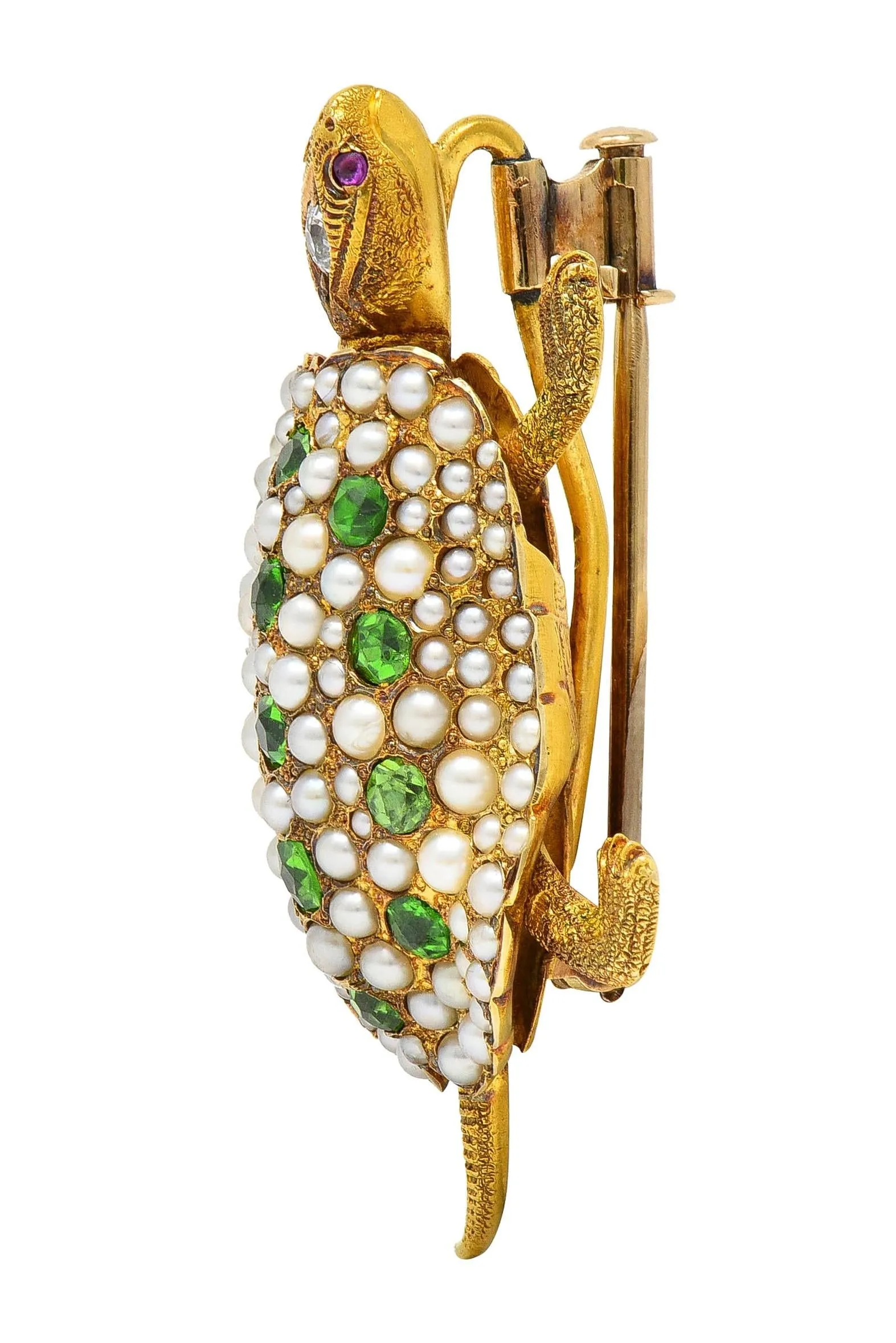 Riker Brothers Art Nouveau Diamond Demantoid Garnet Pearl Ruby 14 Karat Gold Antique Turtle Brooch