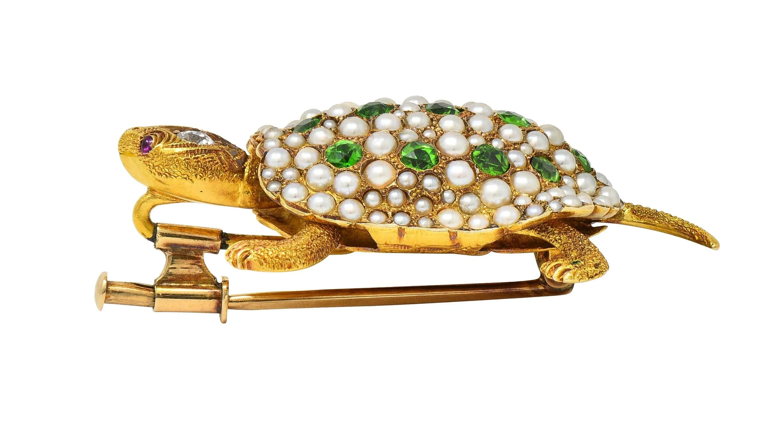 Riker Brothers Art Nouveau Diamond Demantoid Garnet Pearl Ruby 14 Karat Gold Antique Turtle Brooch