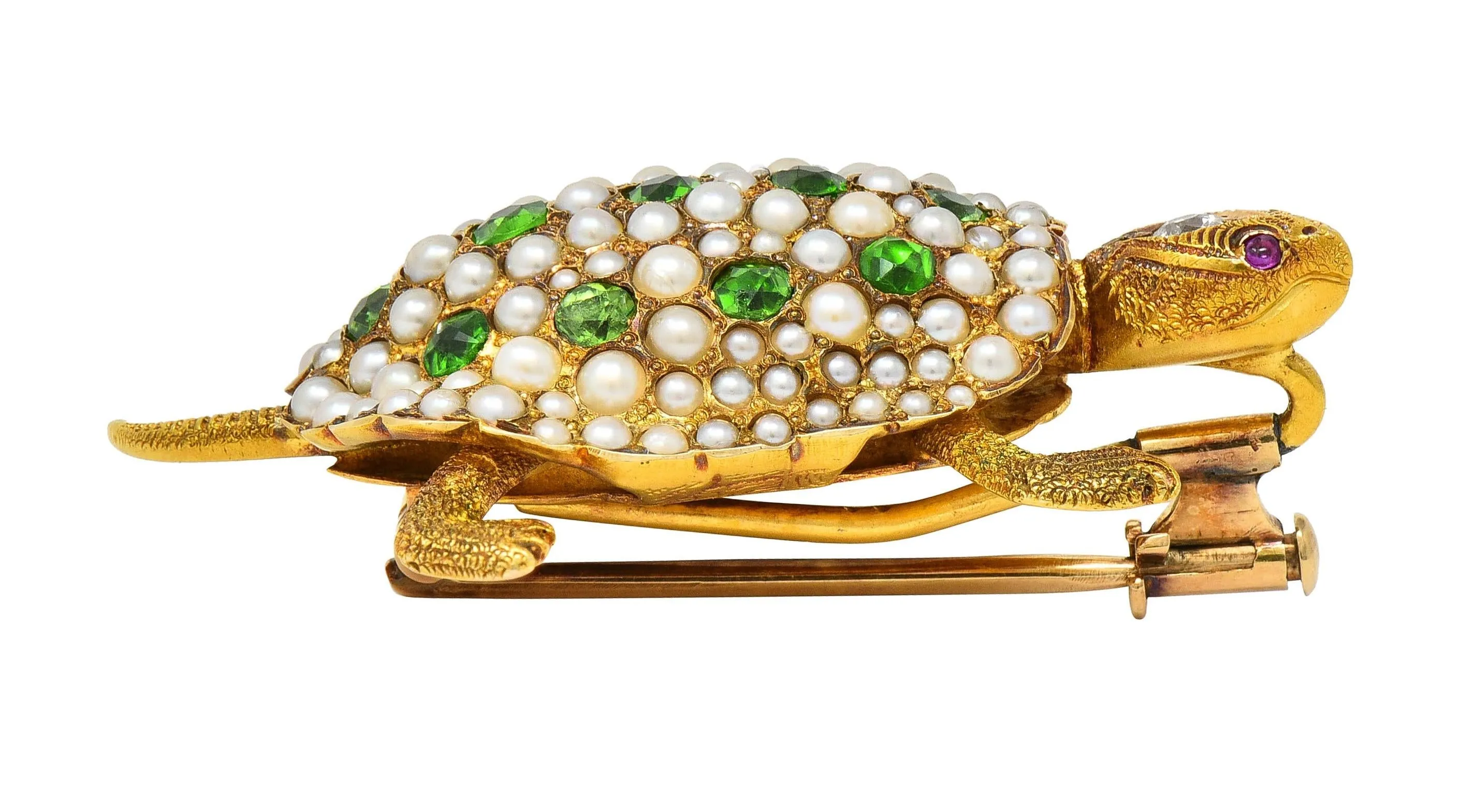 Riker Brothers Art Nouveau Diamond Demantoid Garnet Pearl Ruby 14 Karat Gold Antique Turtle Brooch