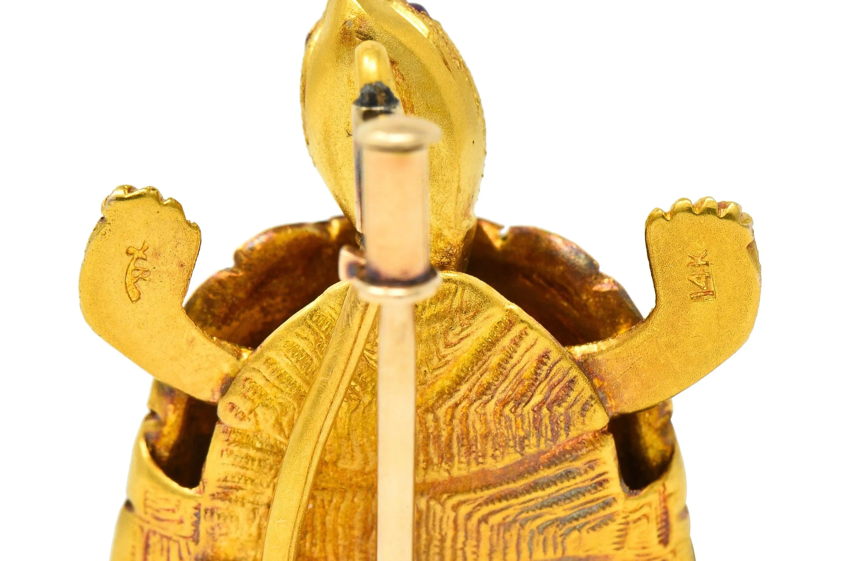 Riker Brothers Art Nouveau Diamond Demantoid Garnet Pearl Ruby 14 Karat Gold Antique Turtle Brooch